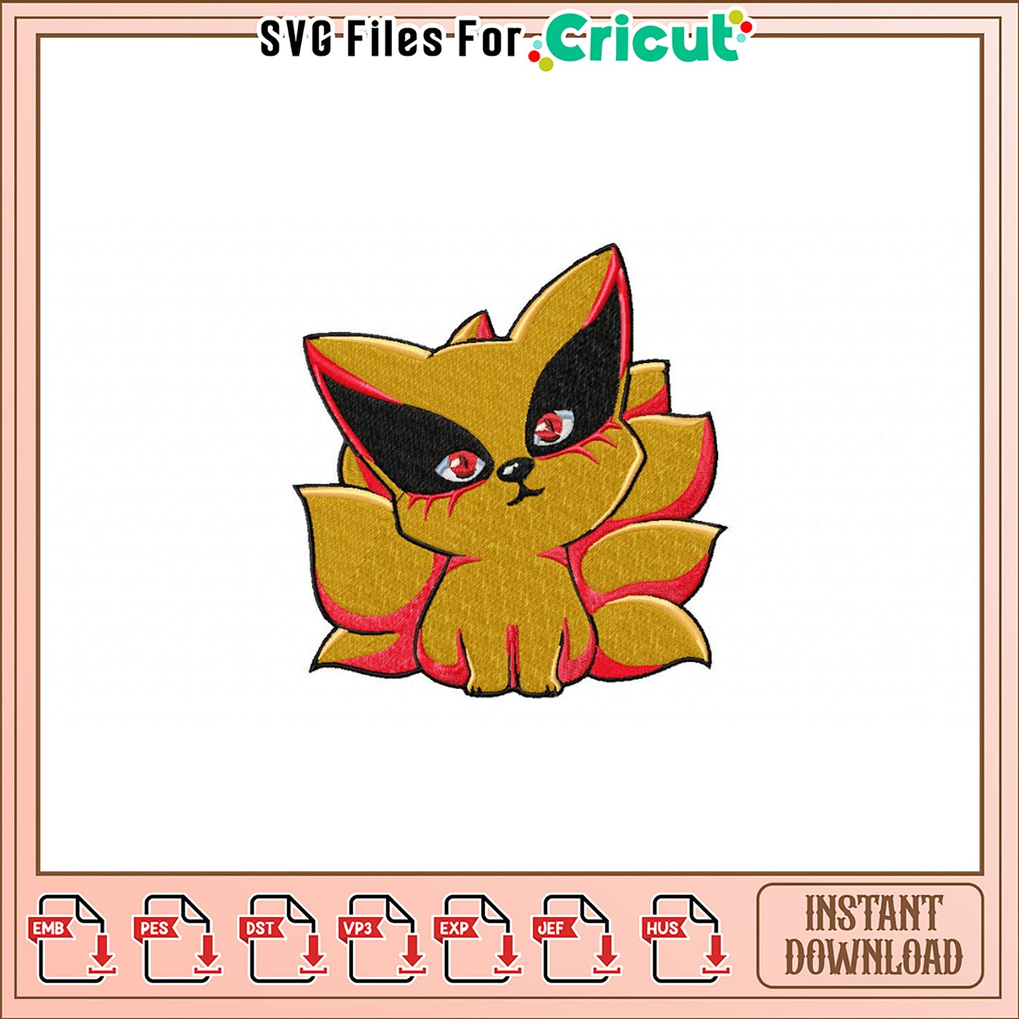 Cute Nine-Tailed Fox Embroidery Design