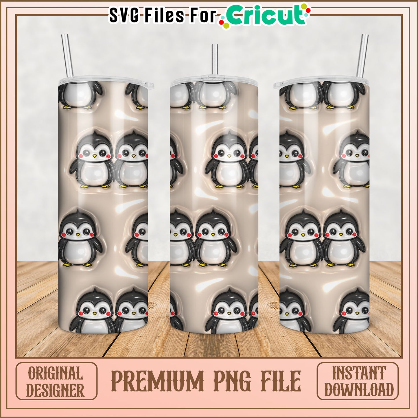 Cute Penguin Tumbler Design PNG for Cricut Templates Download