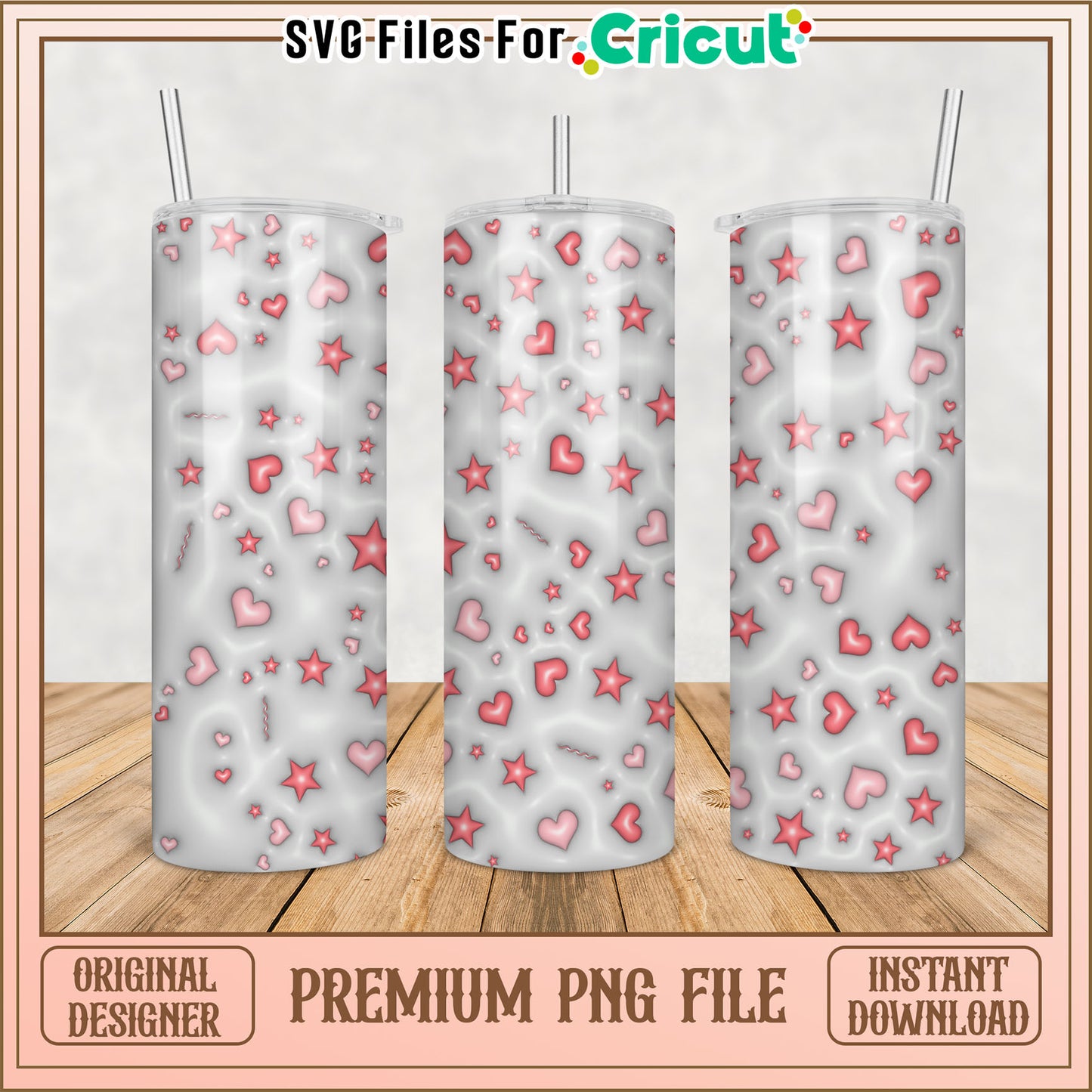 Cute Pink Hearts and Stars Tumbler PNG Design for Crafting