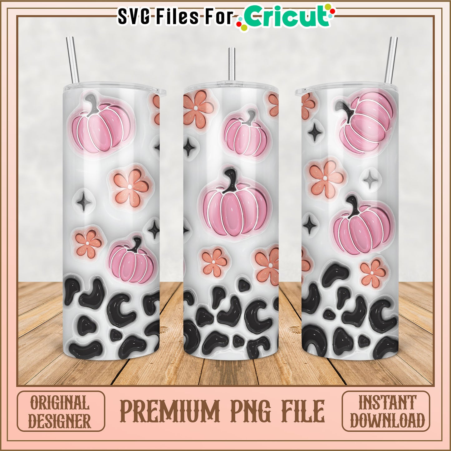 Cute Pumpkin and Flower Tumbler Design PNG File for Cricut Use