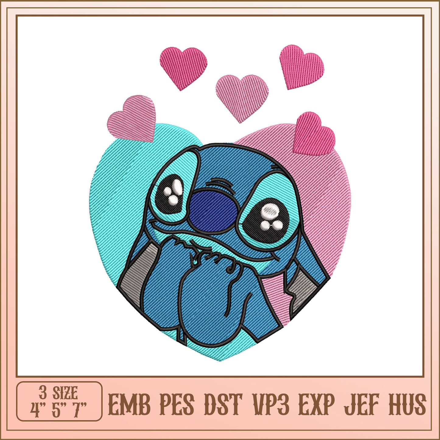 Cute Stitch Design of Blue Character with Hearts Embroidery Art