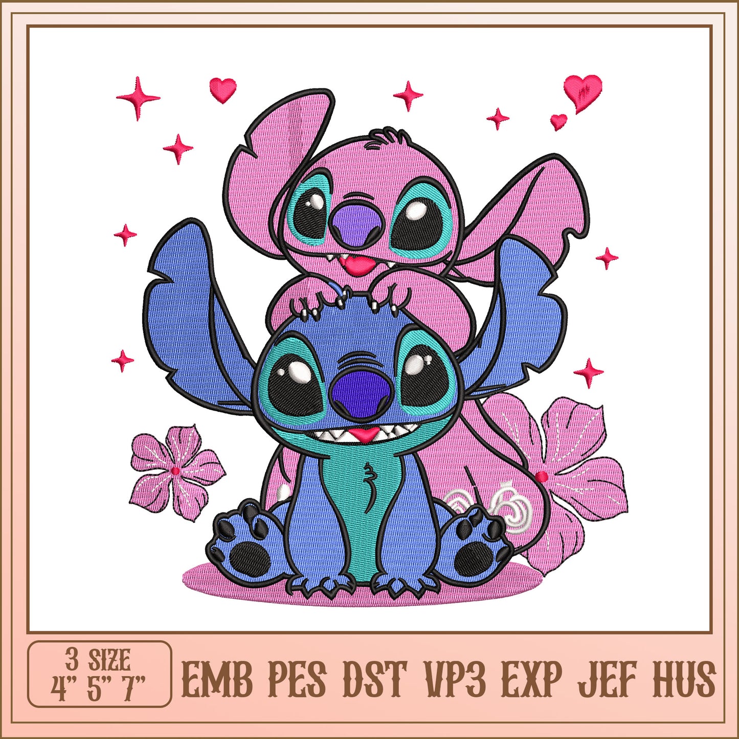 Cute Stitch Embroidery Design of Friends in Three Sizes