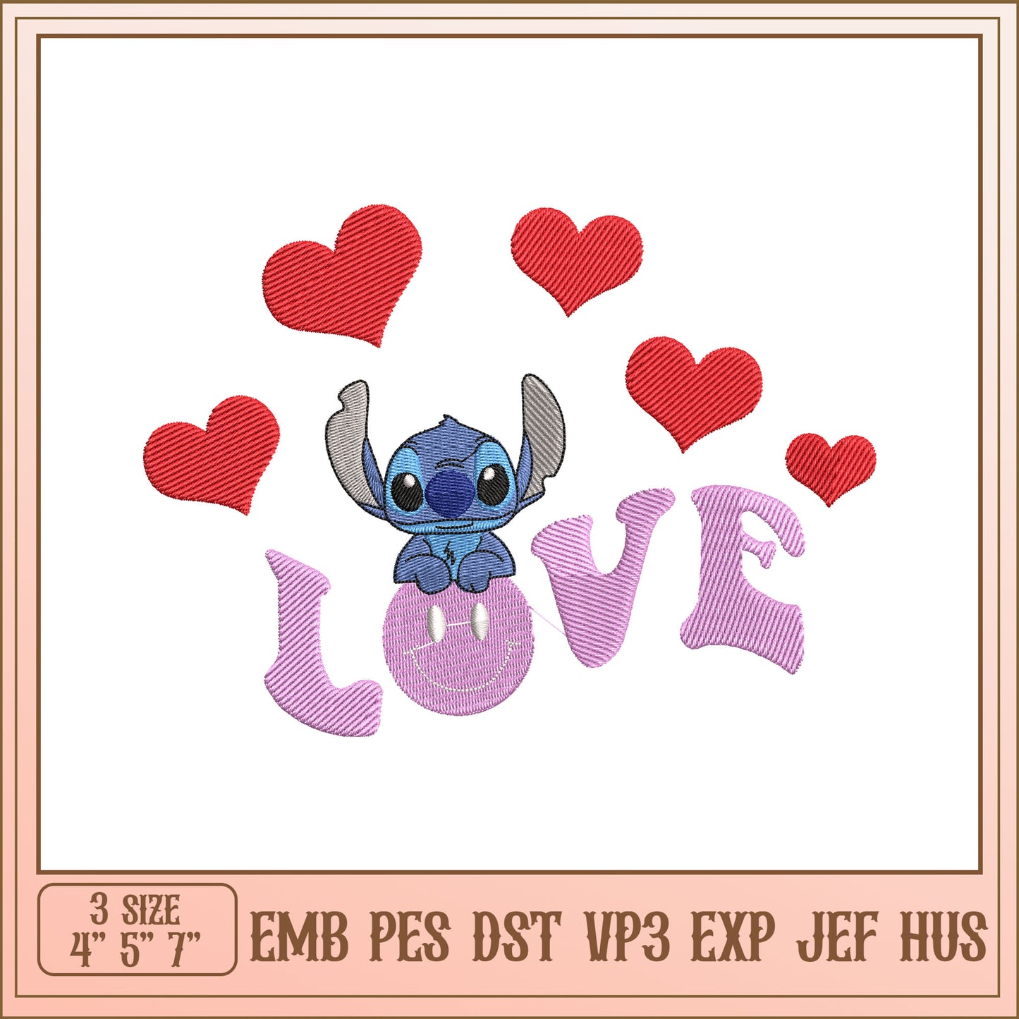 Cute Stitch Embroidery Design of Stitch and Hearts Love Theme