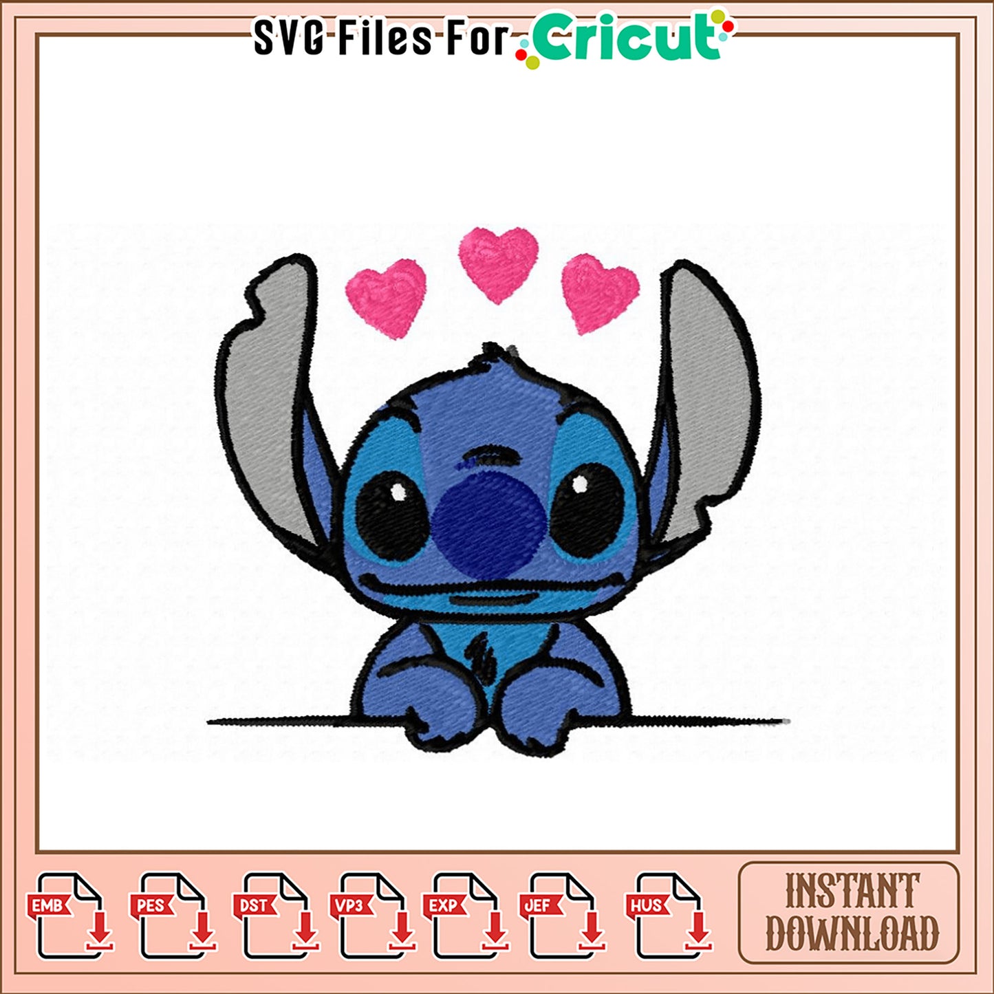 Cute Stitch Embroidery Design with Hearts Instant Download
