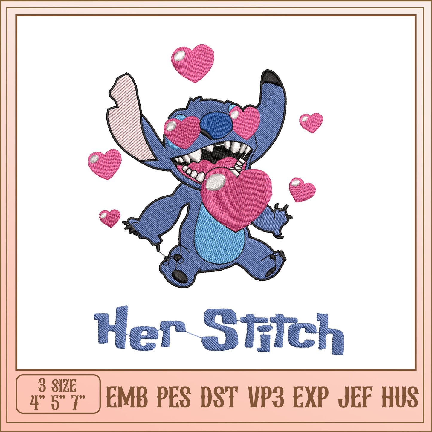 Cute Stitch Embroidery Design with Hearts in Three Sizes
