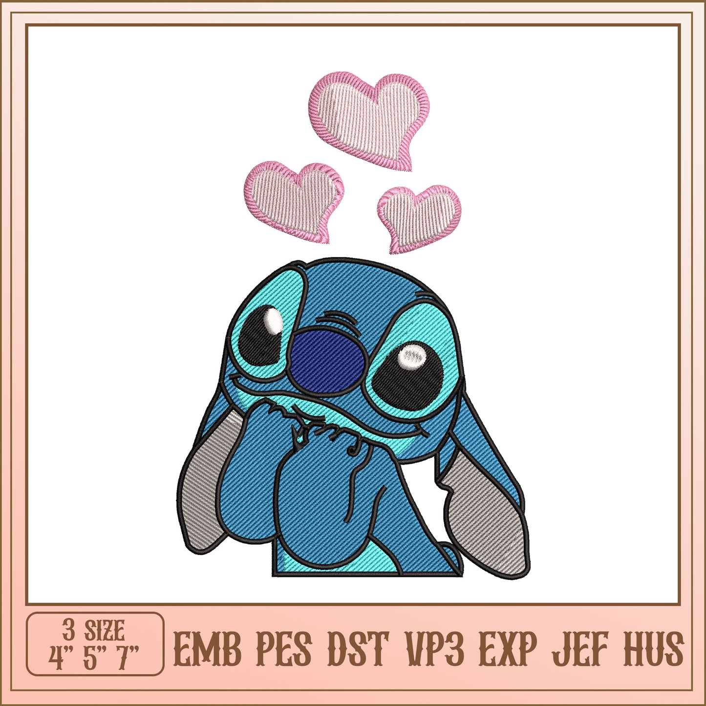 Cute Stitching Embroidery Design with Hearts and Character Art