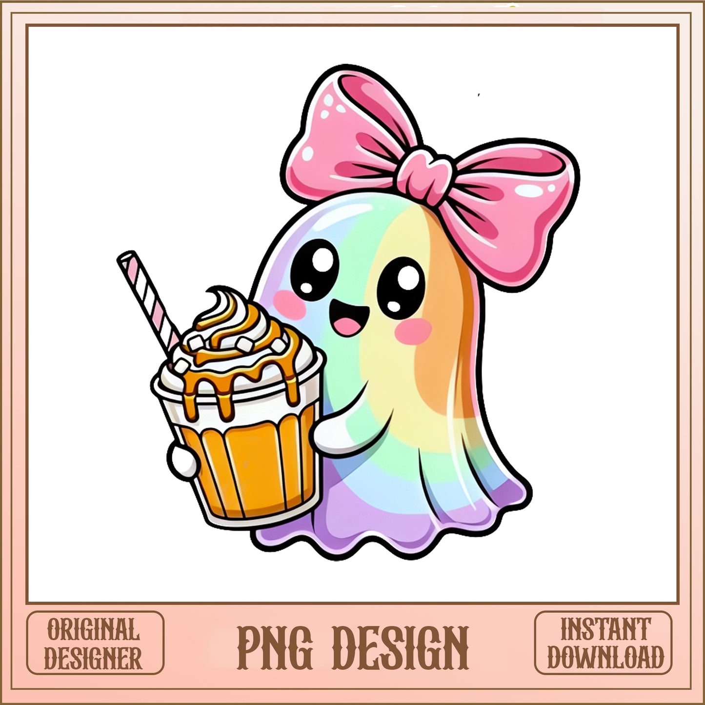 Cute Ghost With Coffee PNG, Halloween Ghost Bow PNG, Spooky PNG