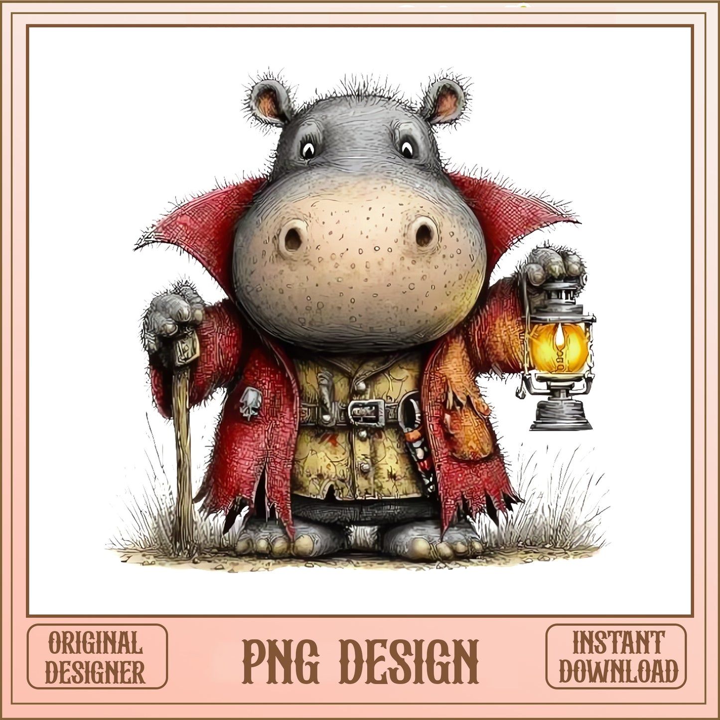 Cute Hippo Wizard PNG, Fantasy Animal Clipart, Lantern PNG