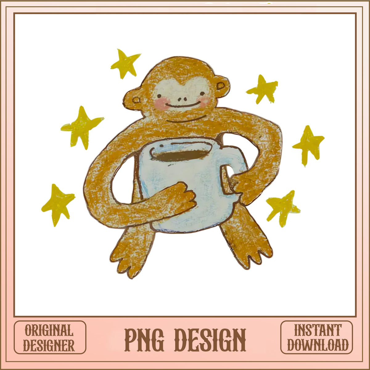 Cute Monkey Holding Coffee Cup PNG, Monkey Stars PNG, Funny Monkey PNG
