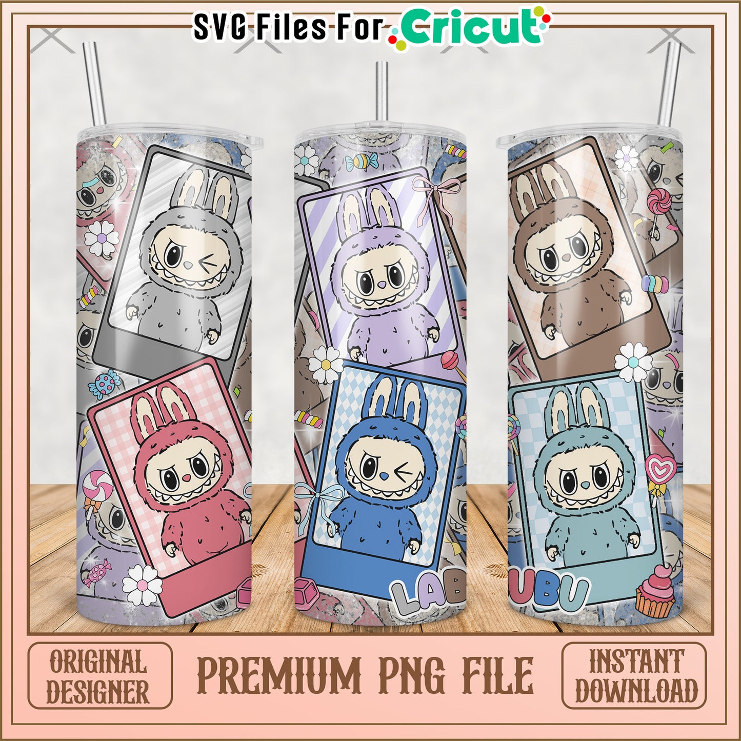 Cute labubu tumbler picture frame png, labubu macaron png, the monsters labubu png