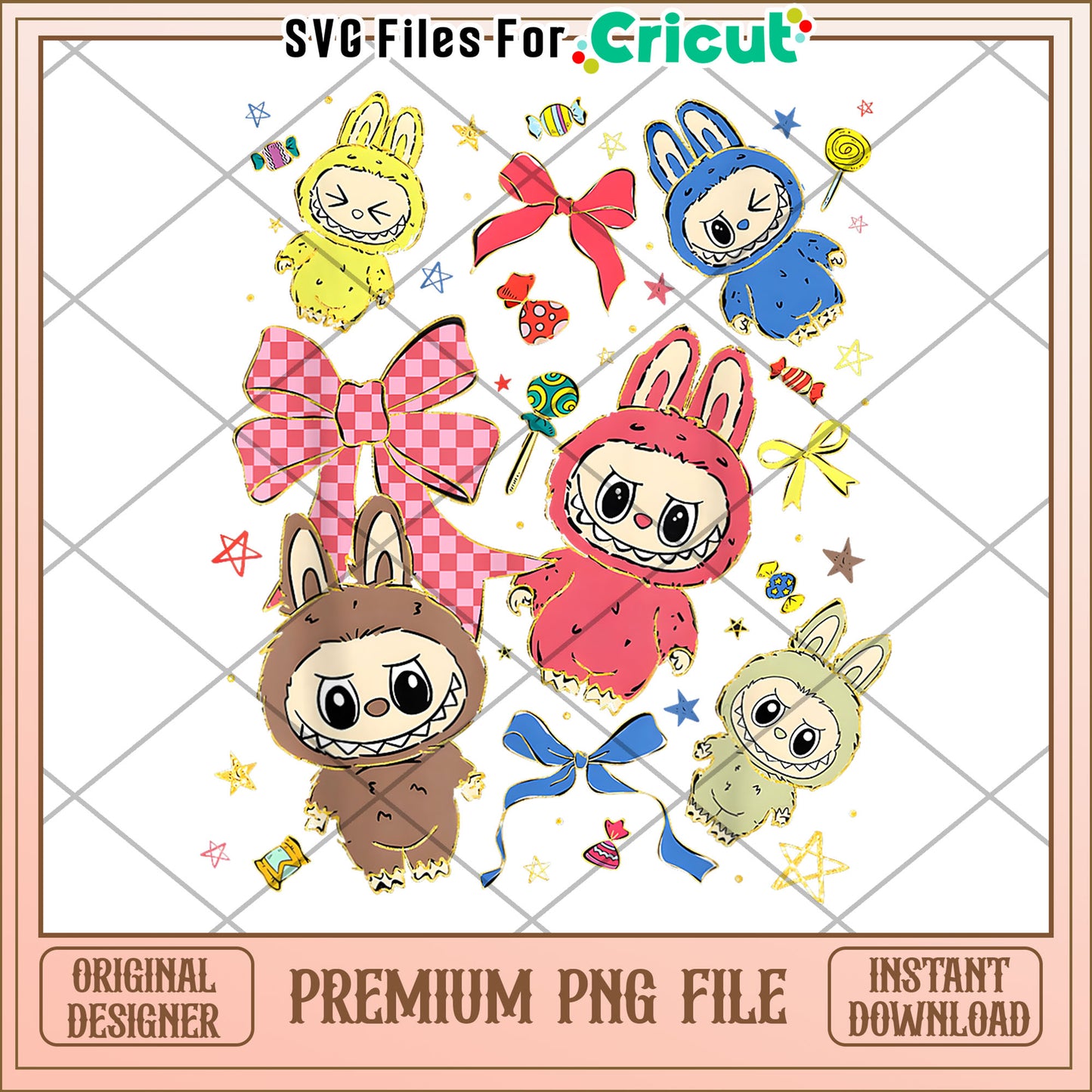 Cute labubu with bow tie design png, labubu the monster png, cute labubu png