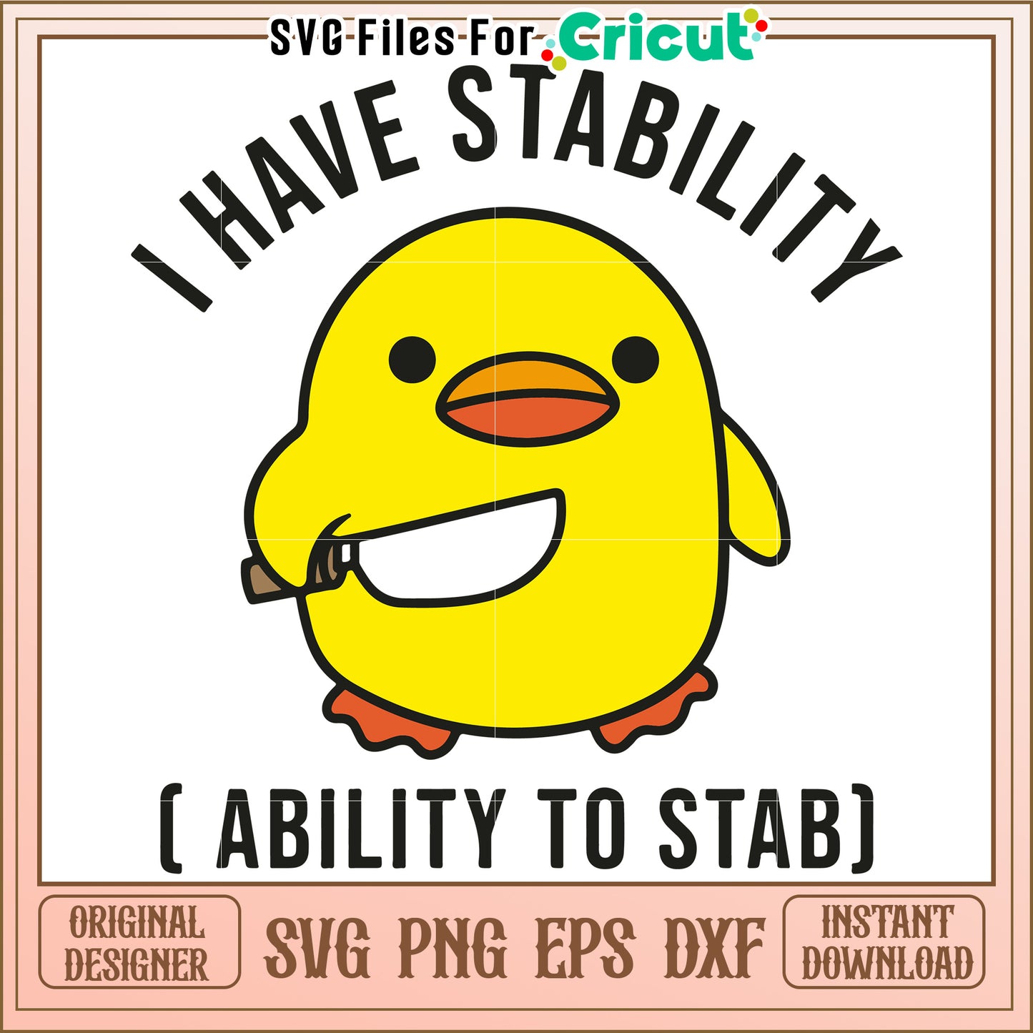 Cute yellow duck character, funny saying about stability and ability