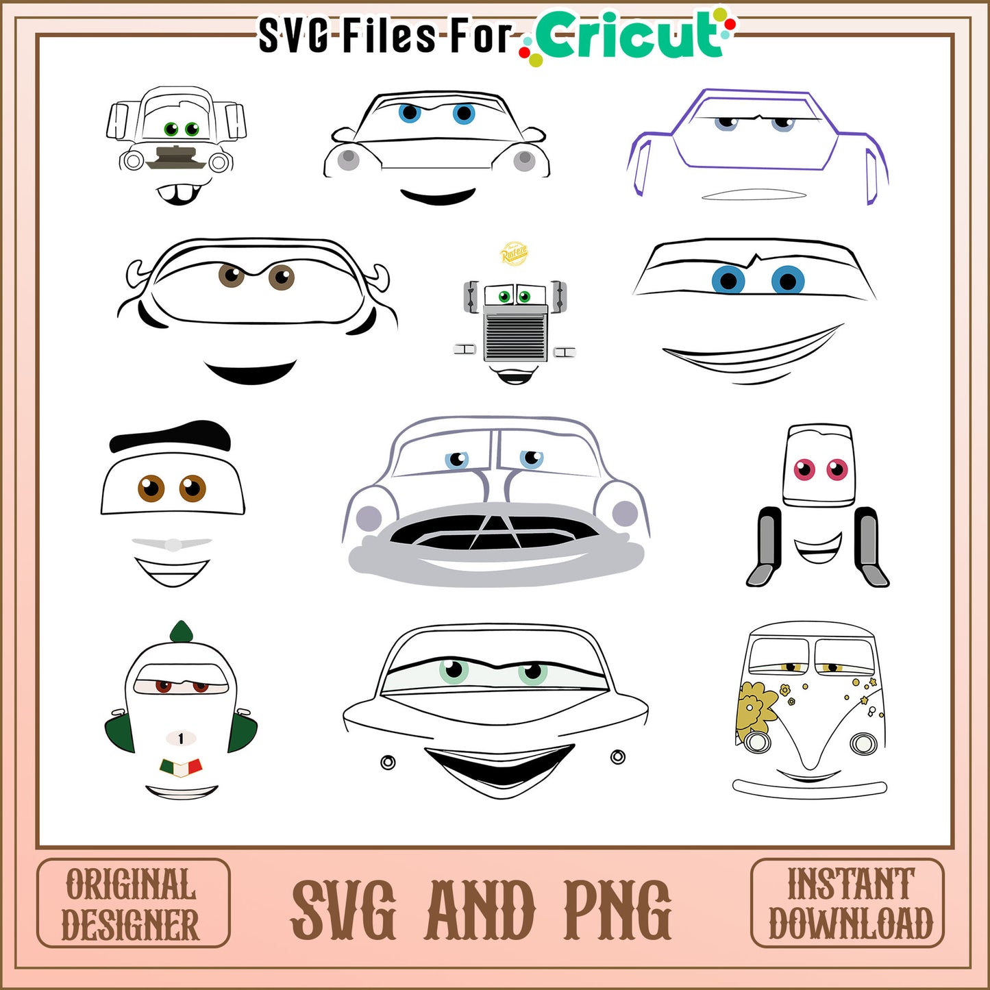 Disney cars characters face black white bundle svg, Disney cars svg