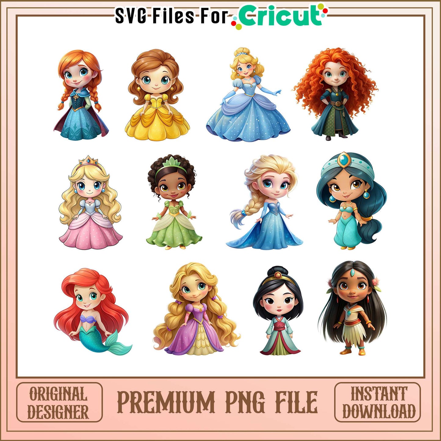 Chibi disney princess design bundle png, all disney princesses png