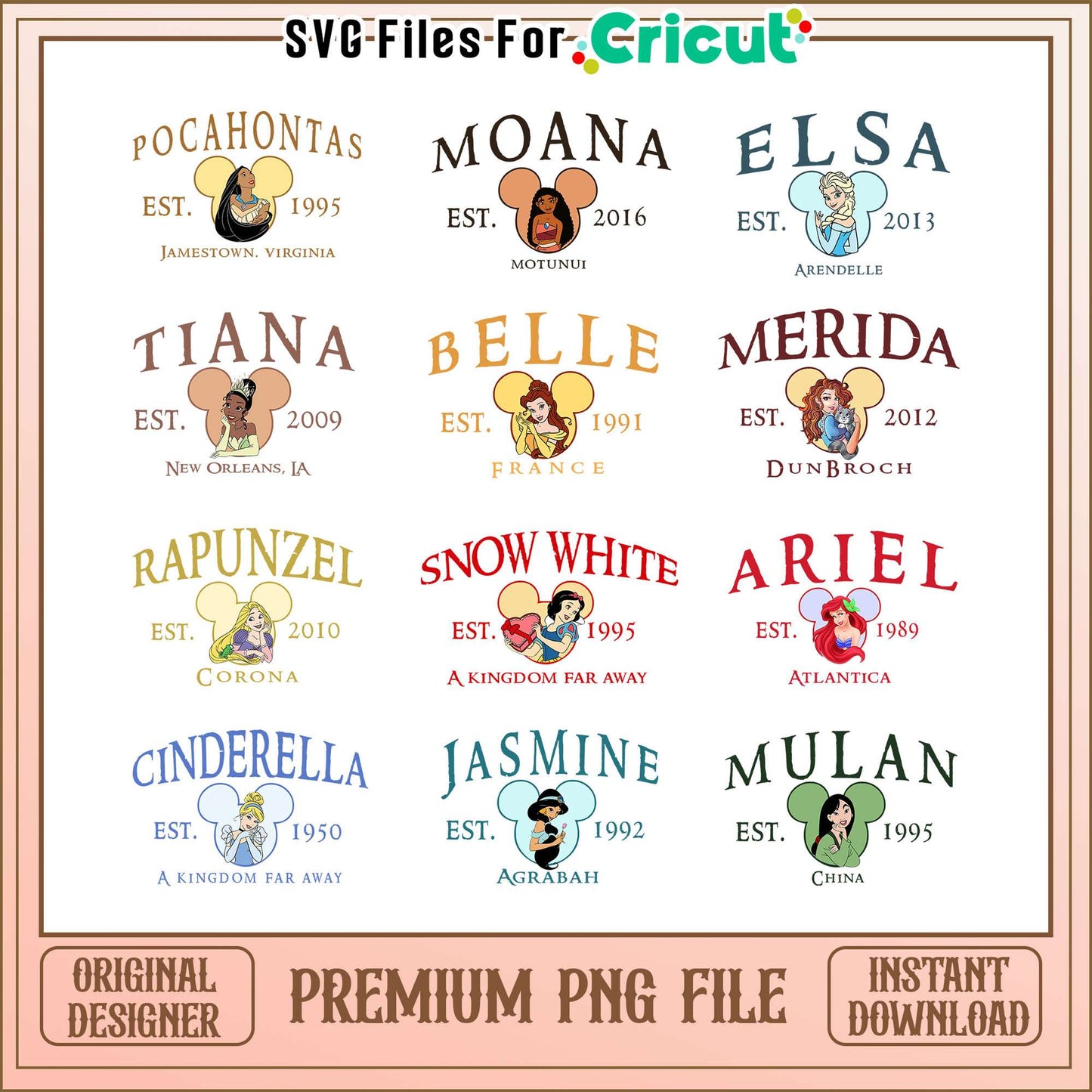 Princess disney est design bundle png, disney princess names png