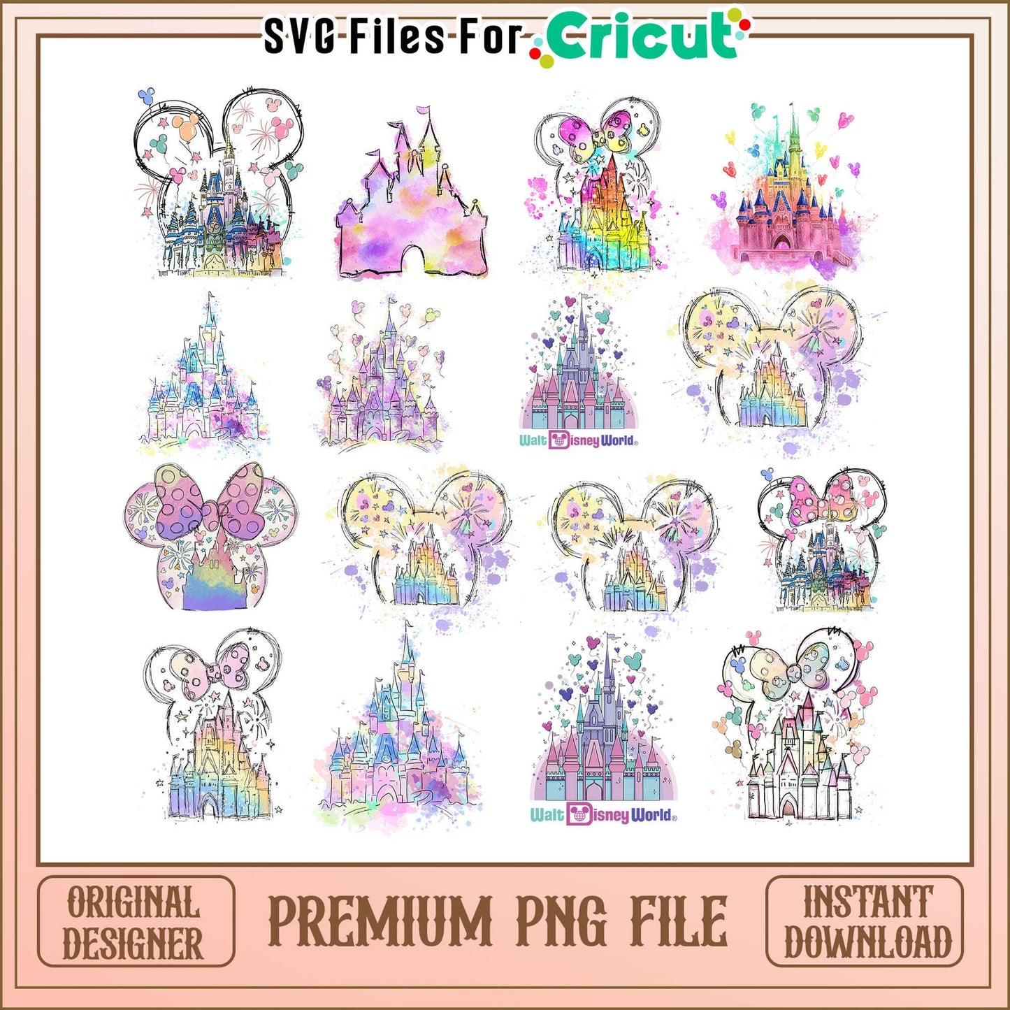Disney mouse head castle watercolor bundle png, disney castle png