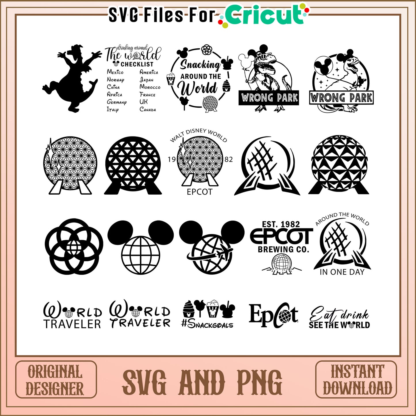 Walt disney world 1982 epcot black white bundle svg, world traveler svg