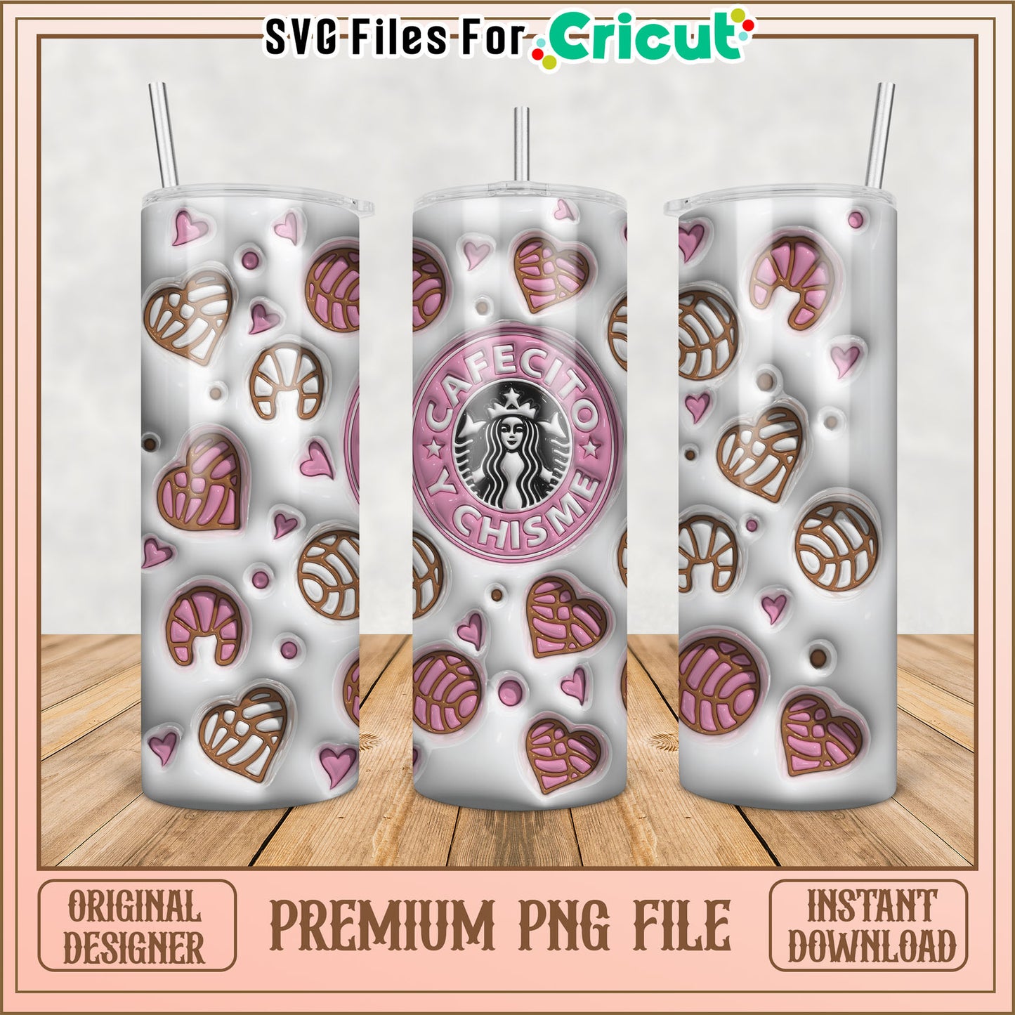 Delightful Tumbler Design with Hearts and Croissants PNG File Download