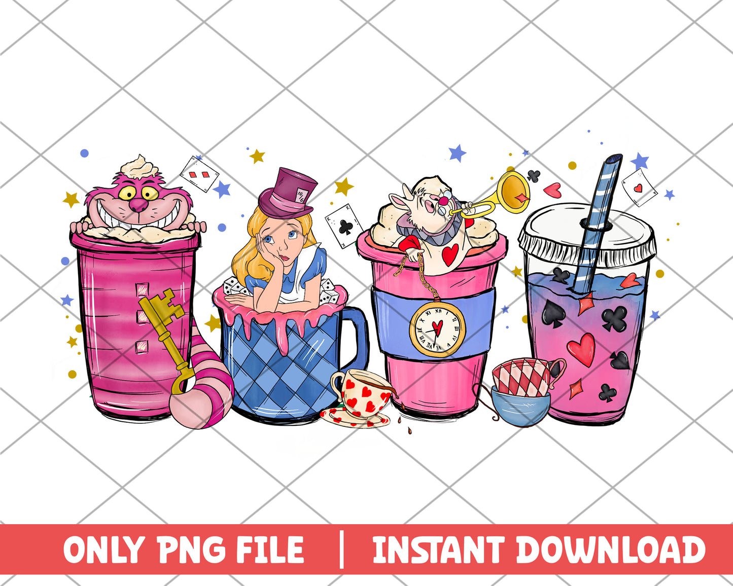 Design cup and alice in wonderland png