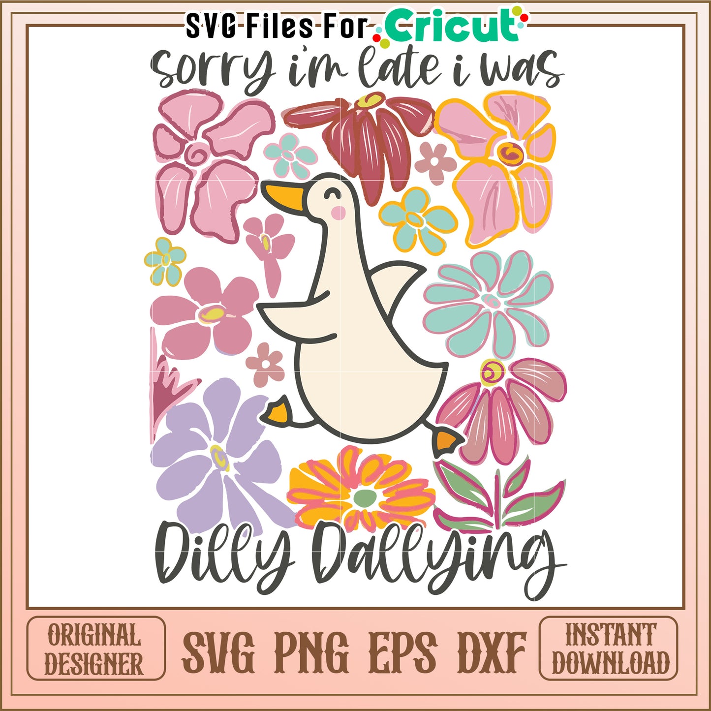 Dilly Dallying Duck Illustration, Colorful Flower Background Design