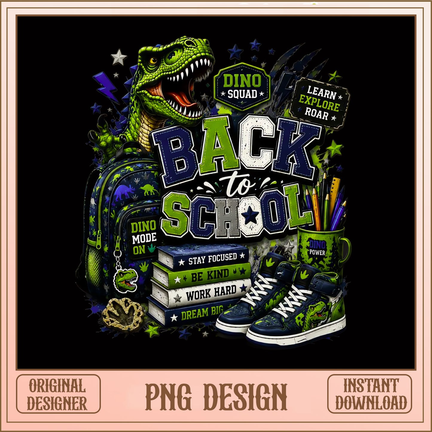 Dino Squad Back To School PNG, T-Rex Boys School PNG, Kids PNG