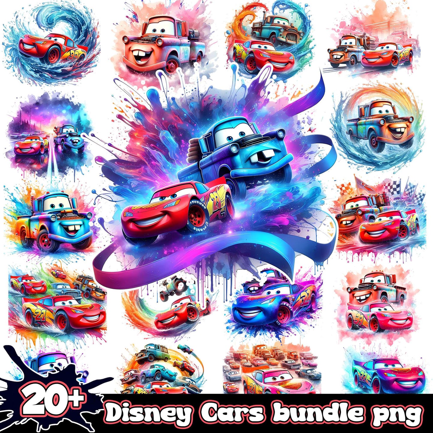 Disney cars watercolor bundle png, disney character cars png