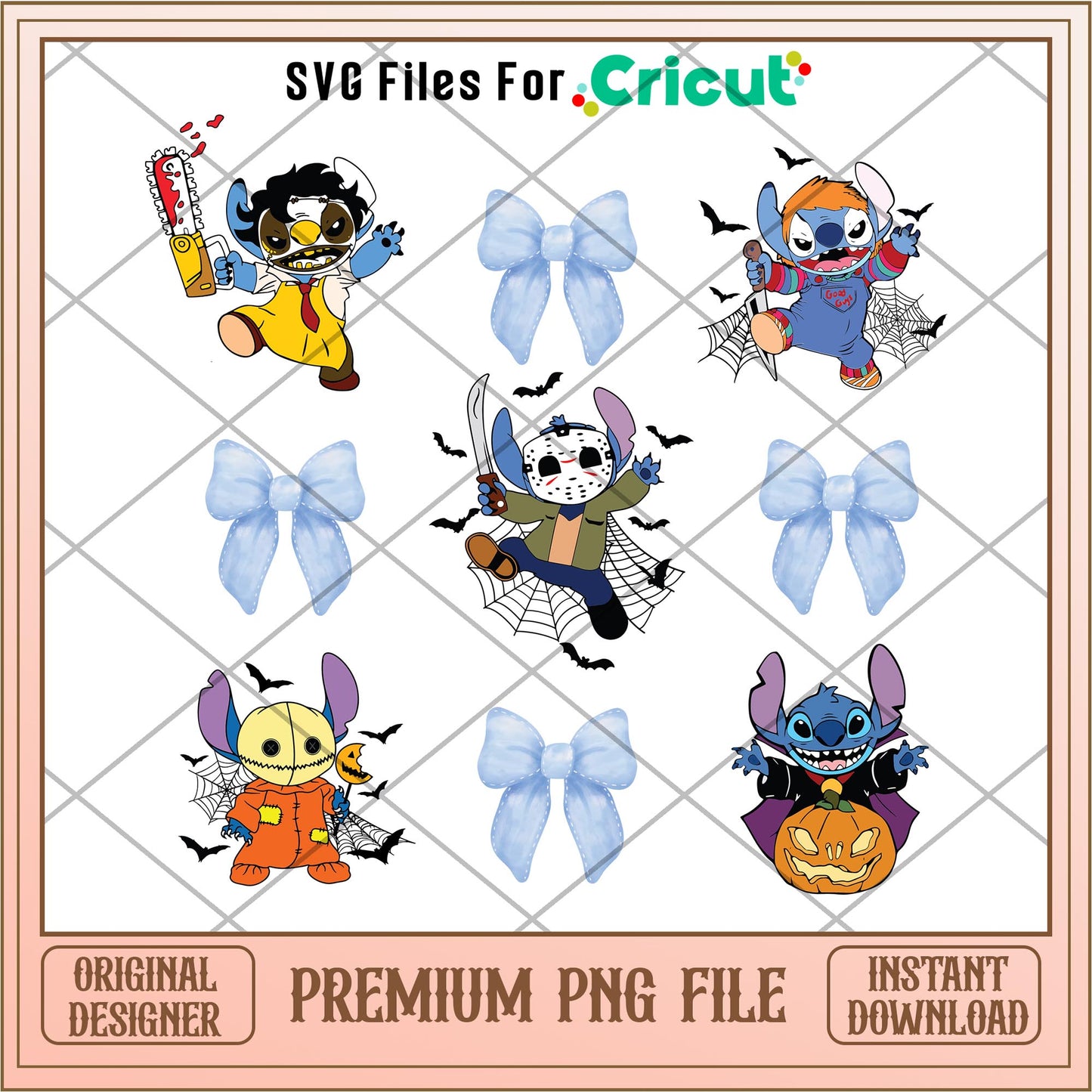 Disney Stitch Halloween ribbon bow watercolor png, Horror characters png, digital download