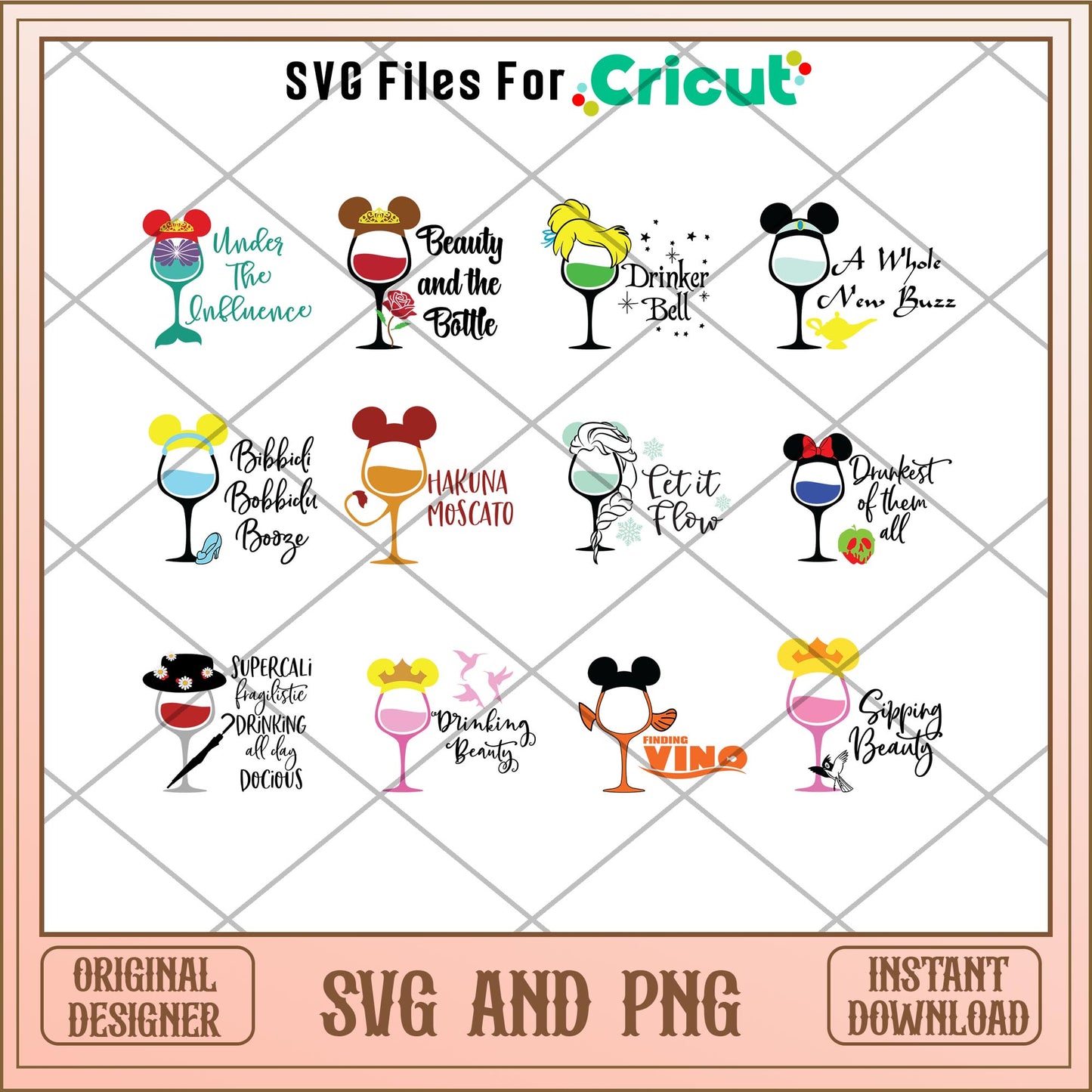 Disney characters Wine Glass SVG bundle