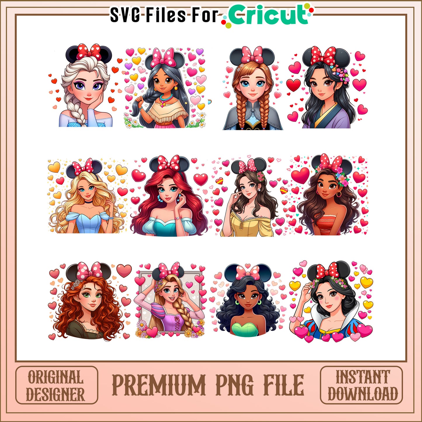 Disney princess heart valentine bundle png, princess disney png