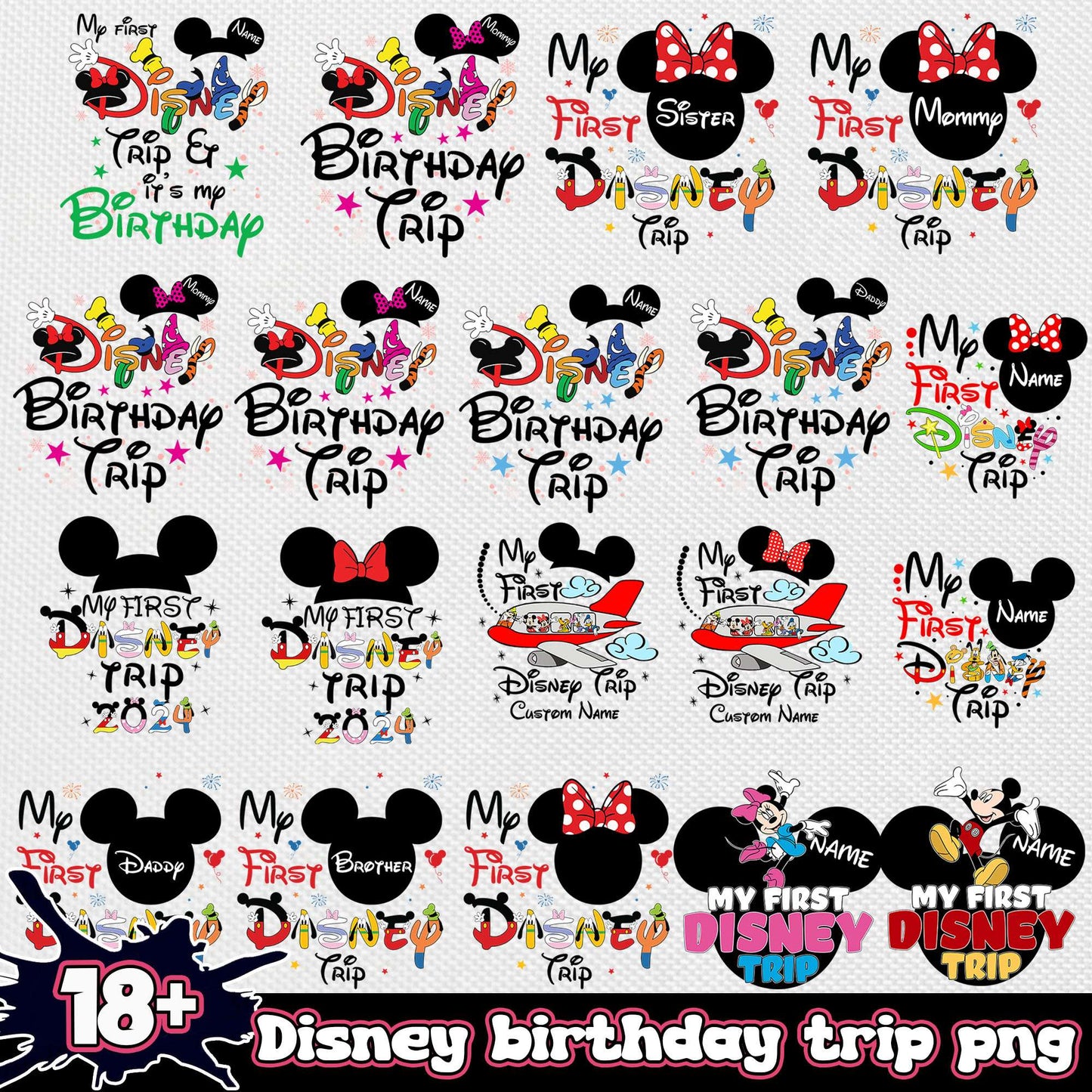 Disney birthday trip bundle png, disney happy birthday png