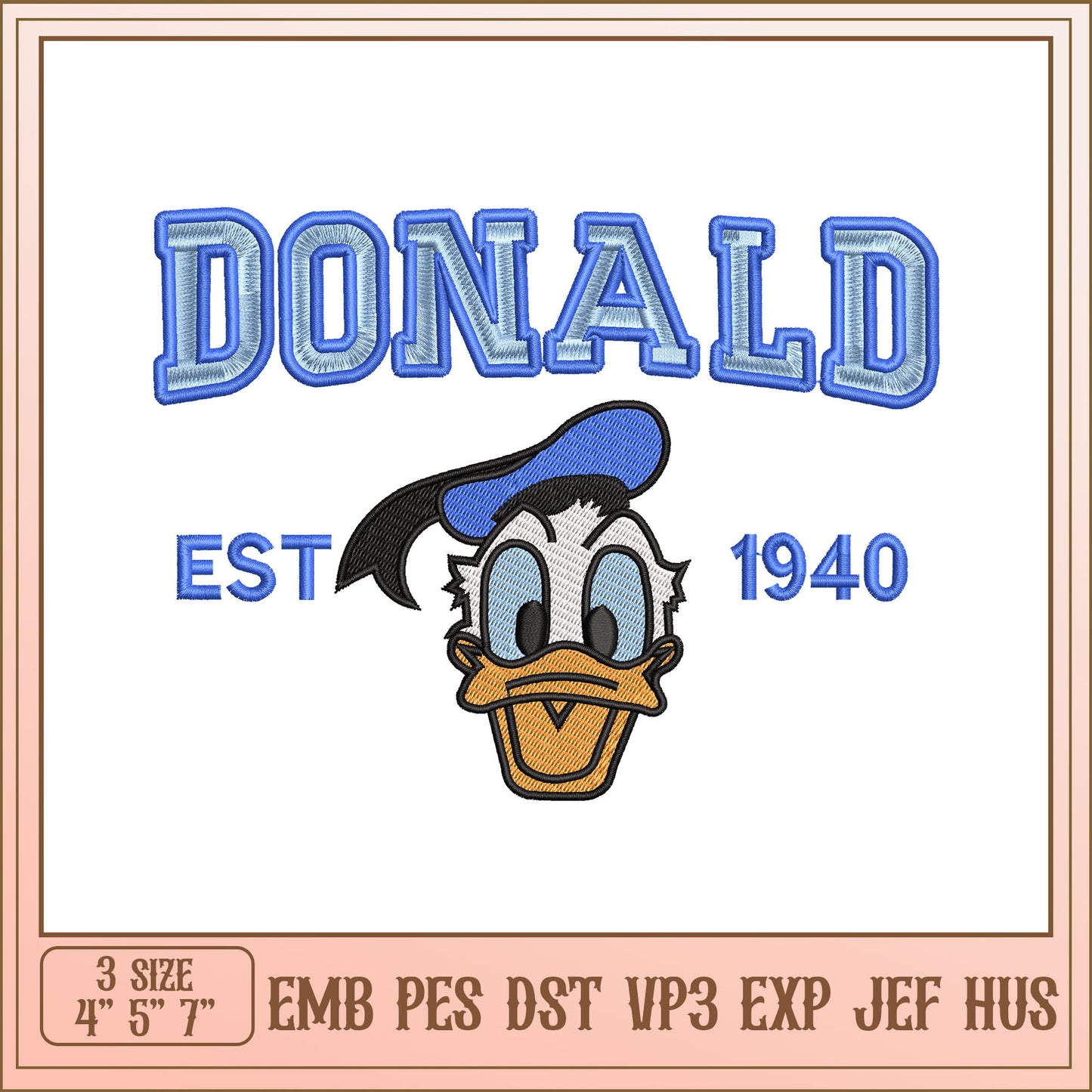 Donald Duck Embroidery Design Established in 1940 Multiple Sizes