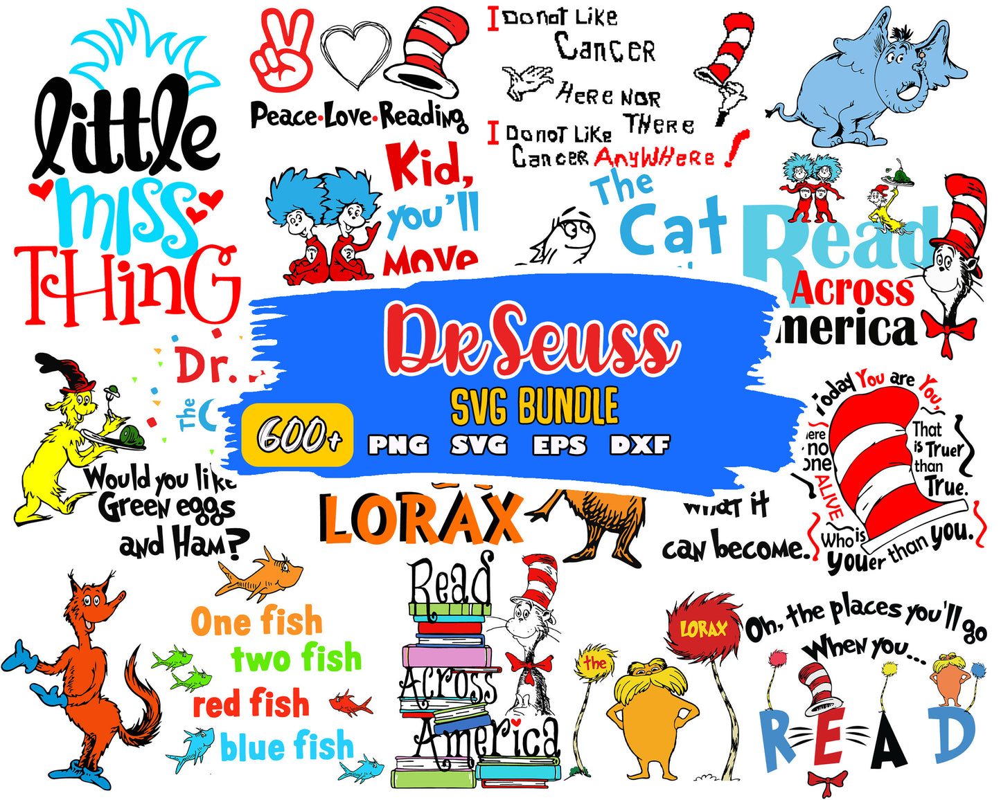 Peace love reading dr seuss bundle svg, dr seuss characters svg