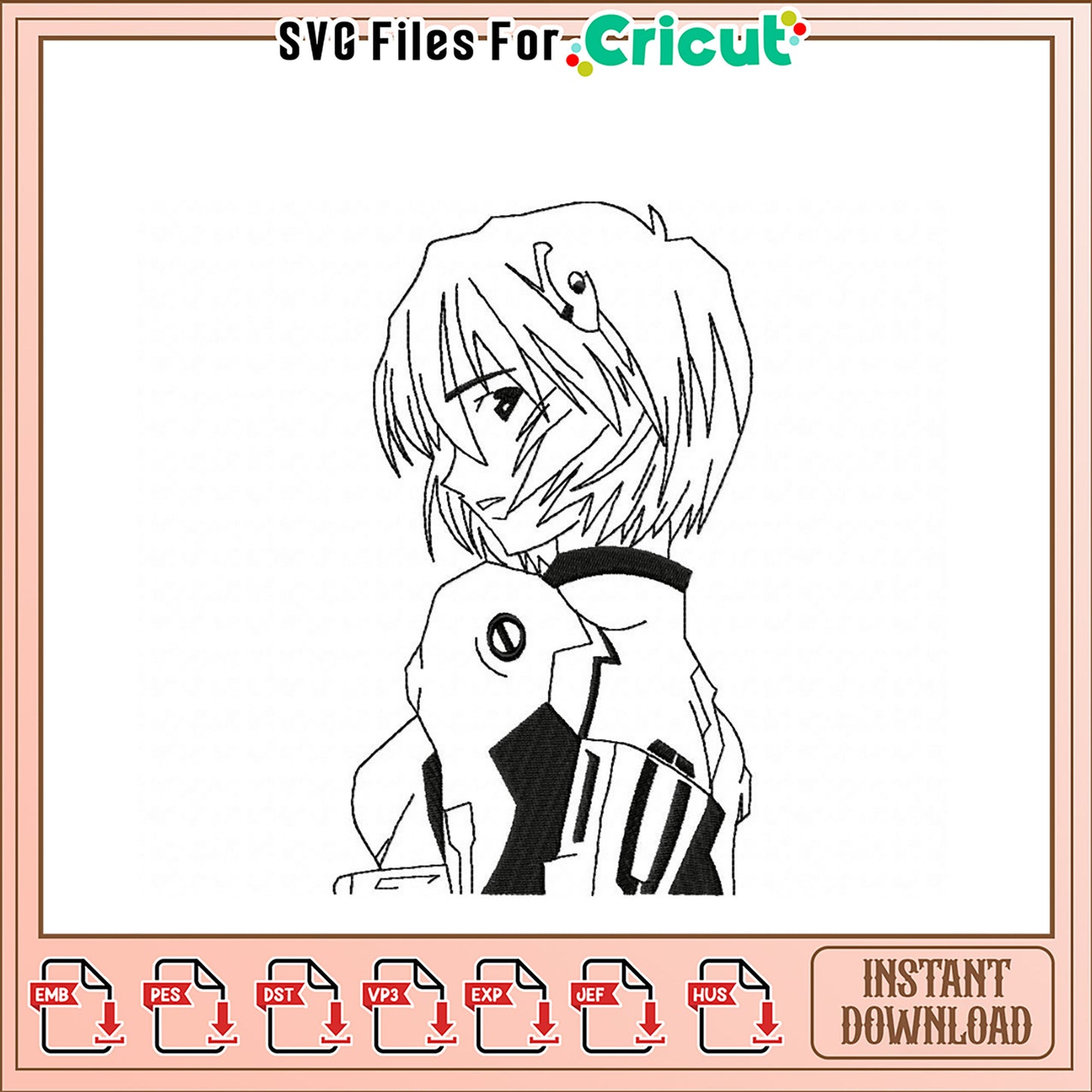 Elegant Anime Girl Embroidery Design Instant Download