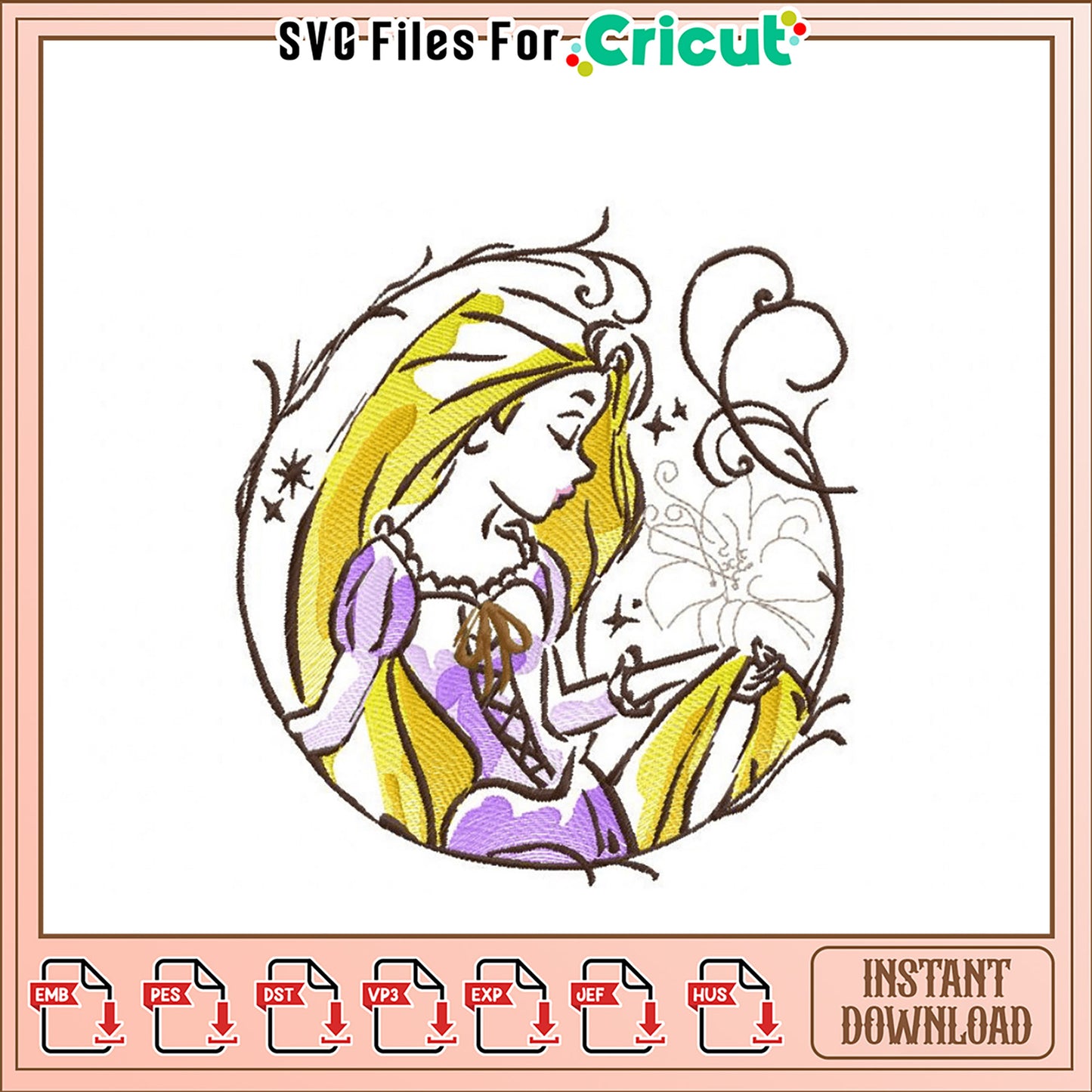 Elegant Rapunzel Embroidery Design Instant Download File