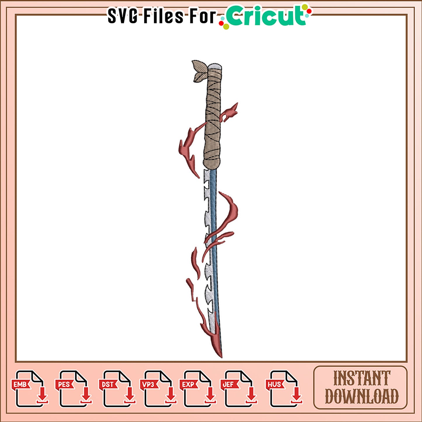 Embroidery Design Fiery Katana Sword Instant Download