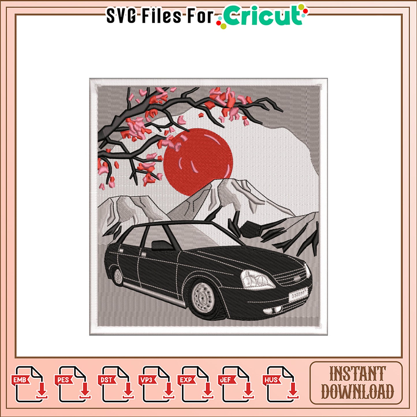 Embroidery Design Japanese Car & Cherry Blossoms