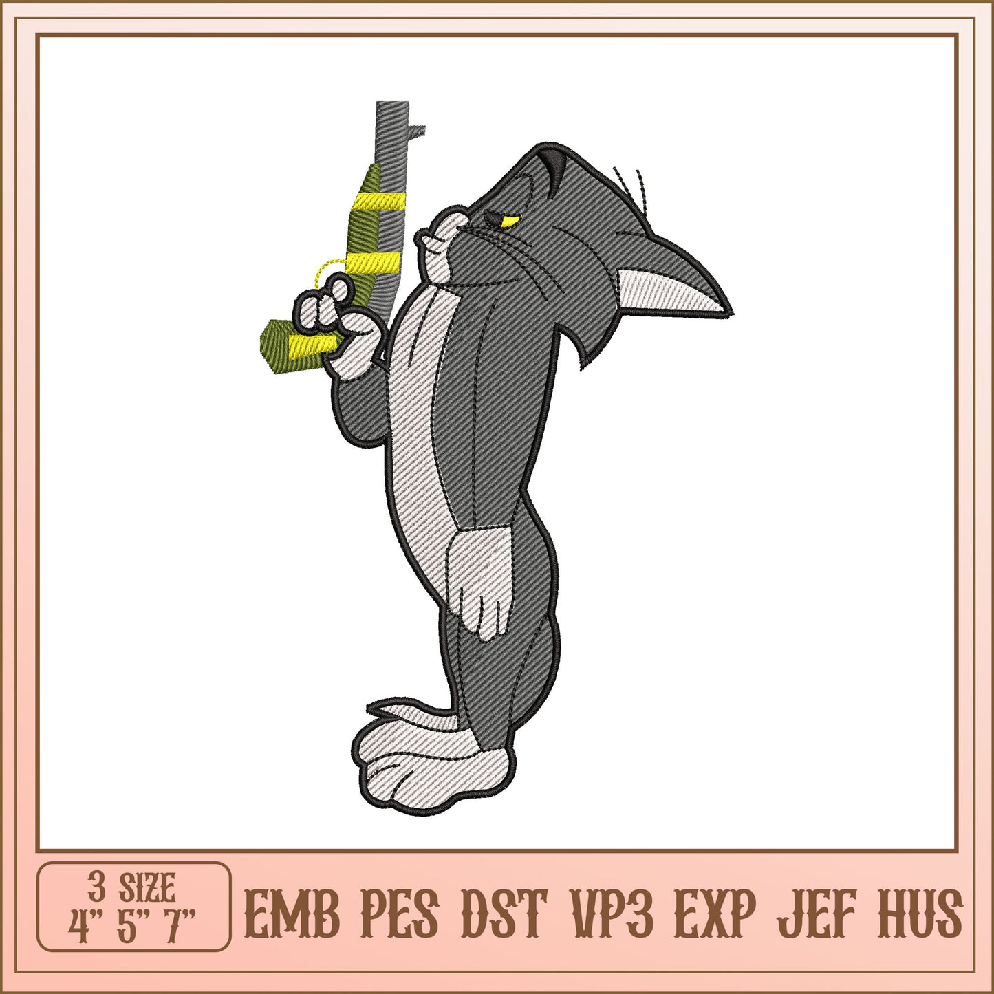 Embroidery Design of Cartoon Cat Holding a Toy Gun 3 Sizes
