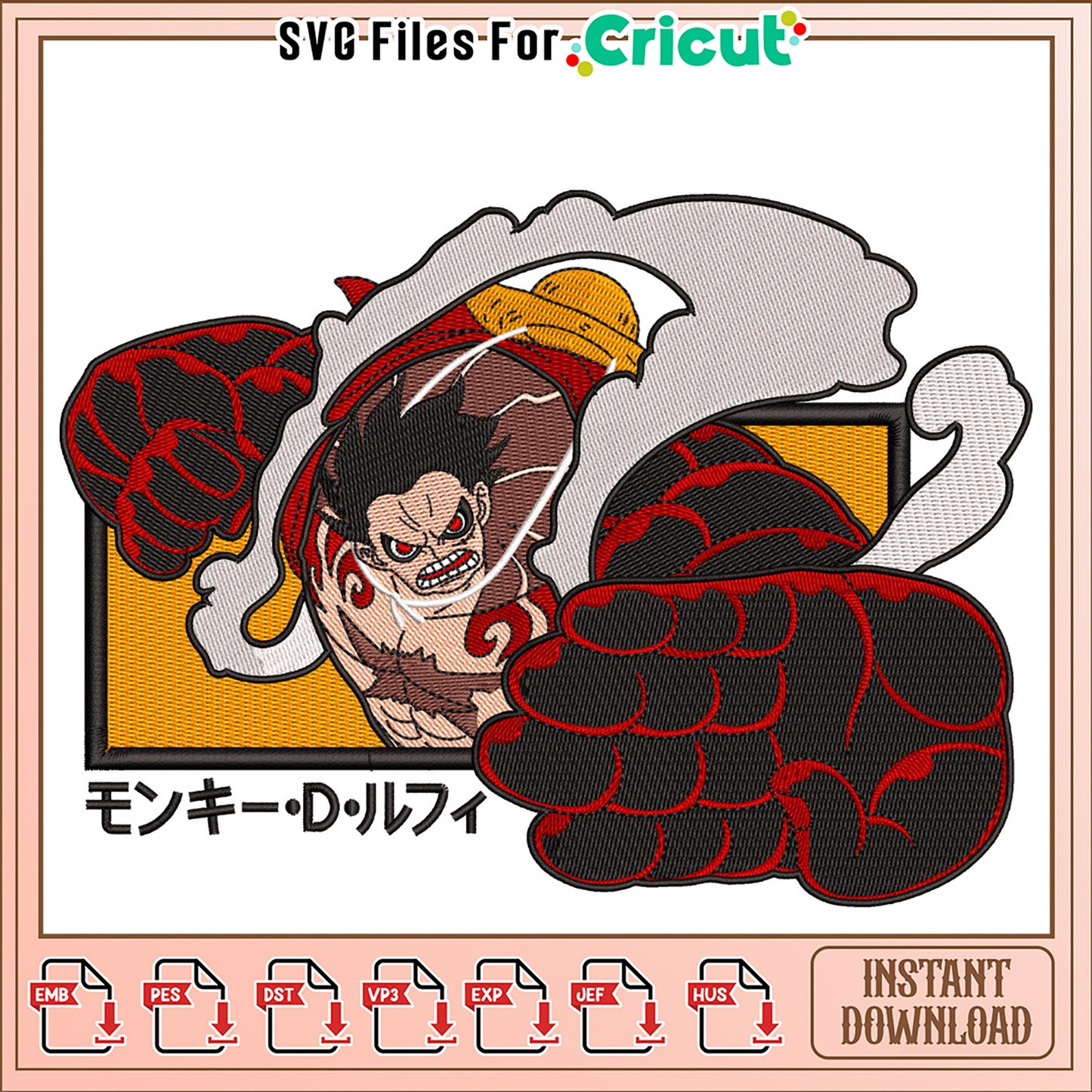 Embroidery Design of Luffy in Red Fist Action Art