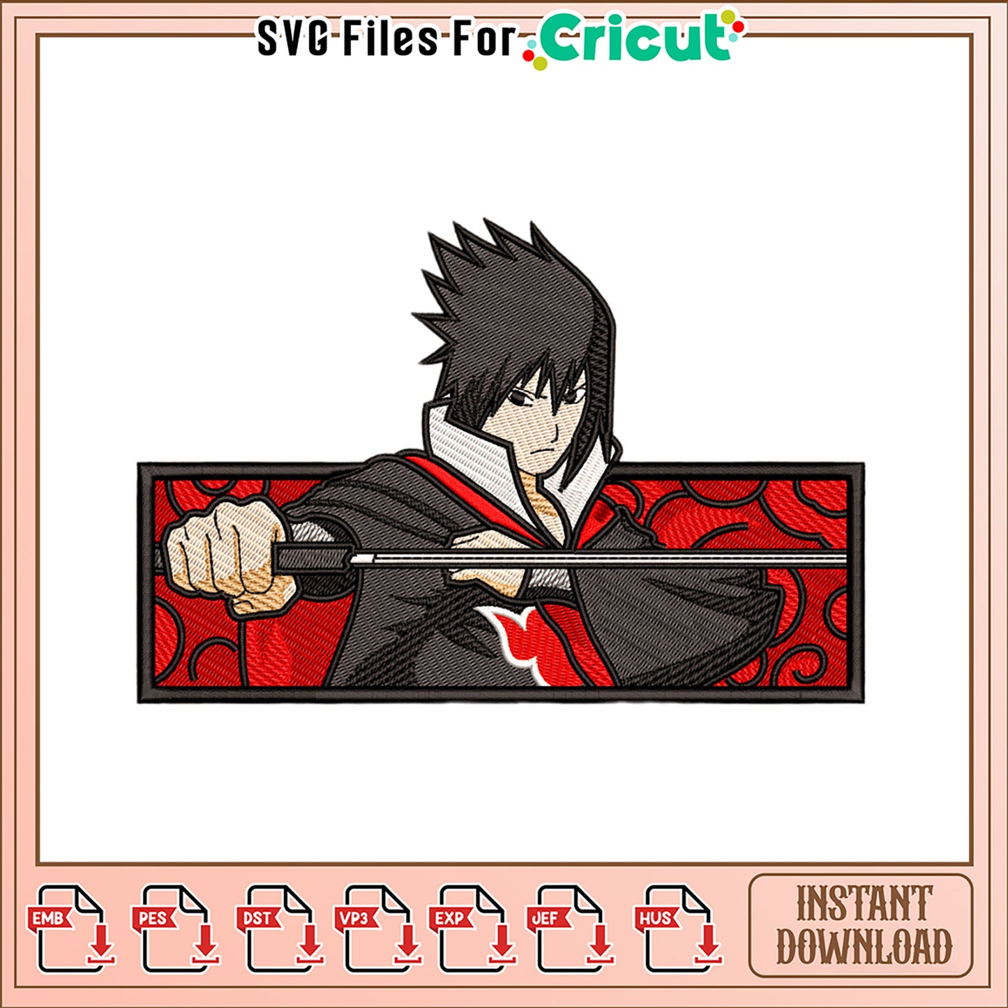 Embroidery Design of Samurai Character with Sword Art