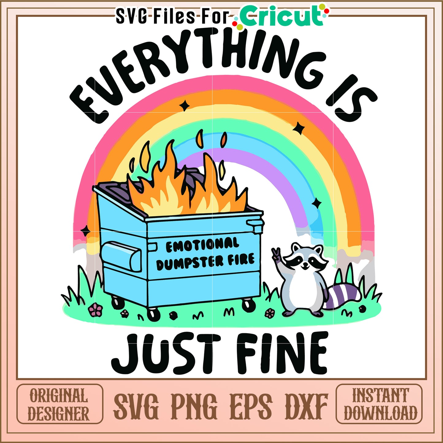 Emotional dumpster fire illustration for humor lovers, fun design featuring a raccoon