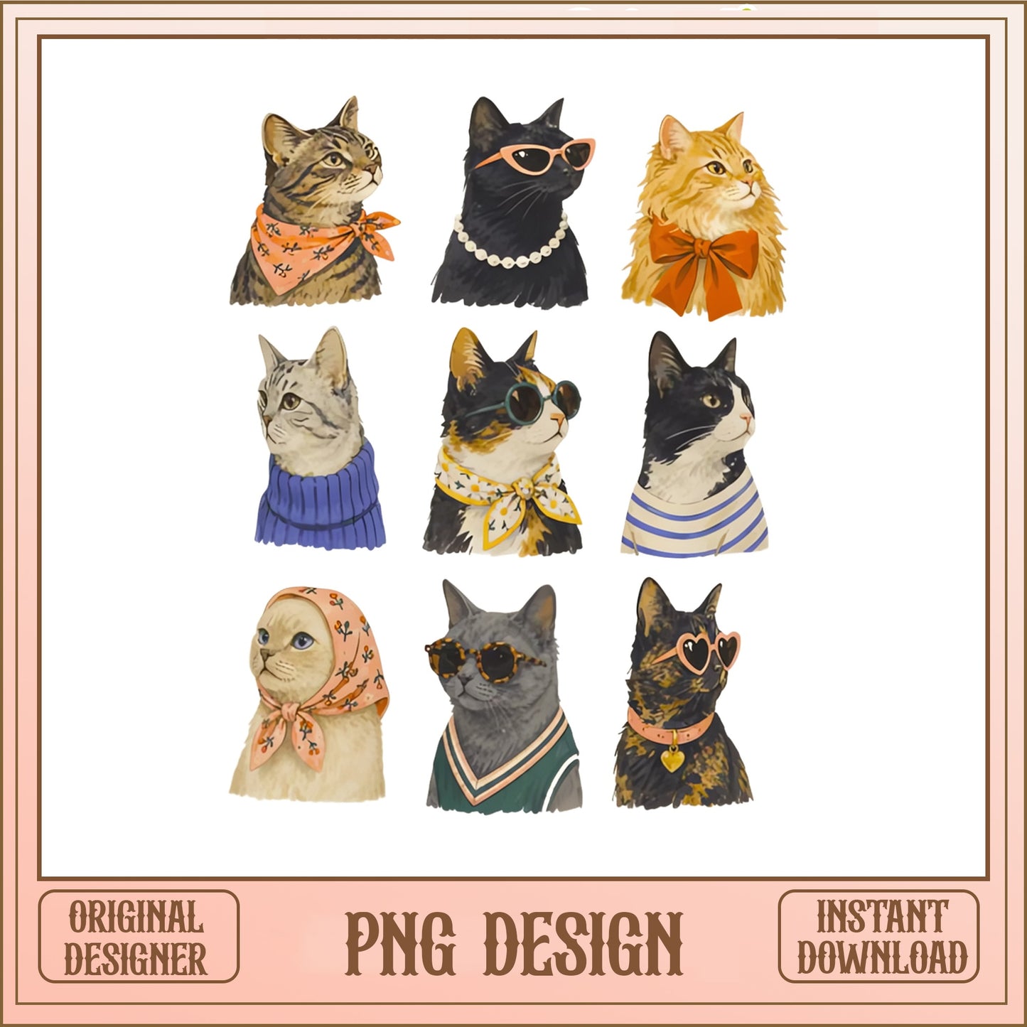 Fashionable Cats PNG Bundle, Trendy Cat Clipart, Cat Lover PNG