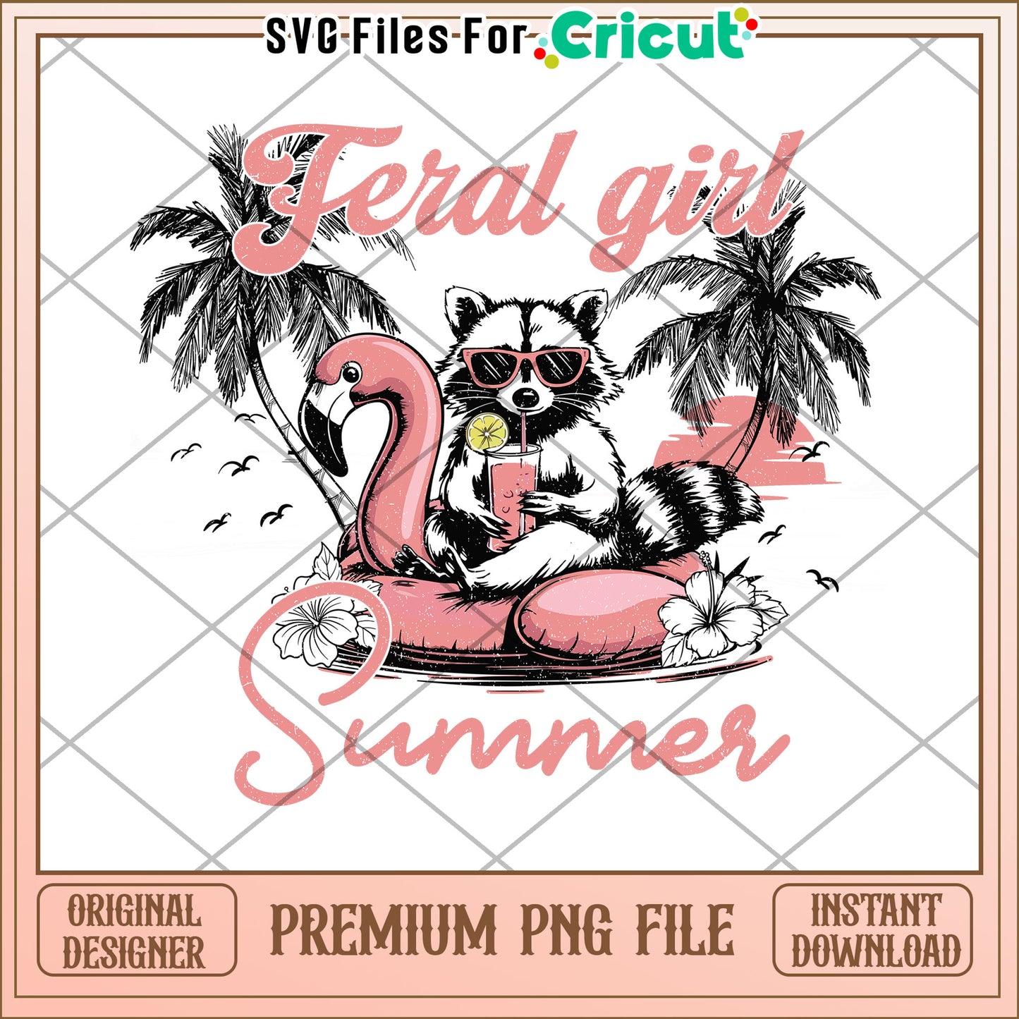 Feral Girl Summer Raccoon on Flamingo Float PNG