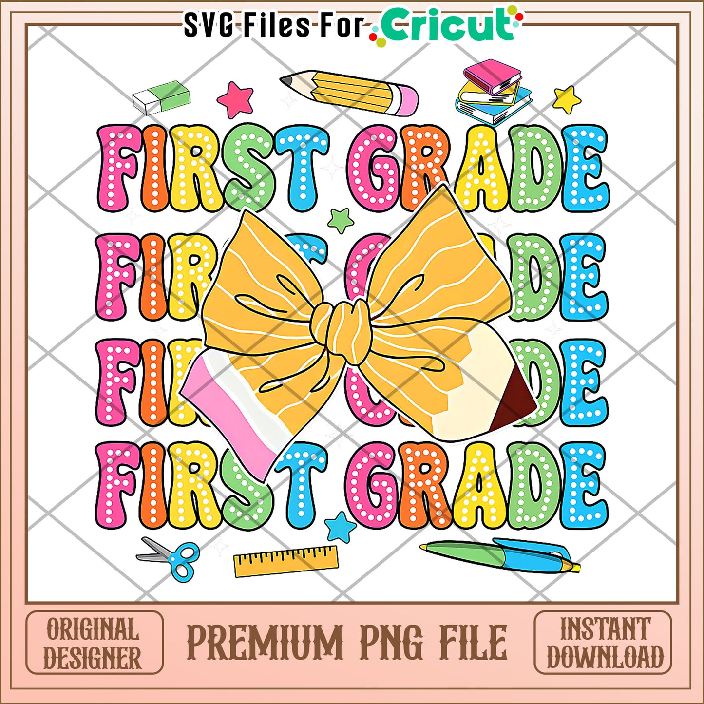 First grade bowtie design png, back to school supplies png, cartoon design png