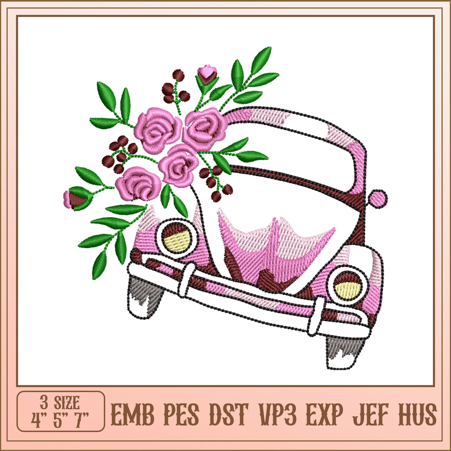 Floral VW Bug Embroidery Design