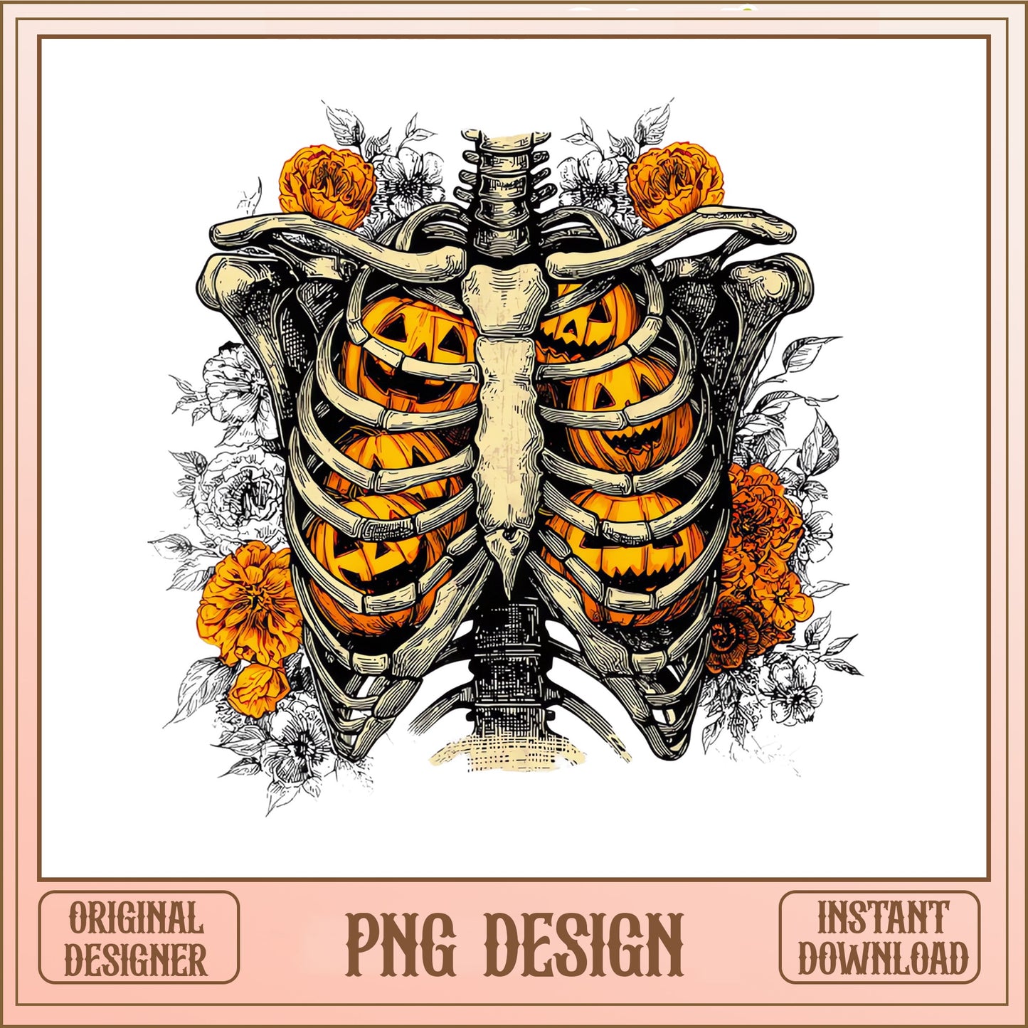 Floral Skeleton Rib Cage Pumpkin PNG, Halloween PNG, Spooky PNG