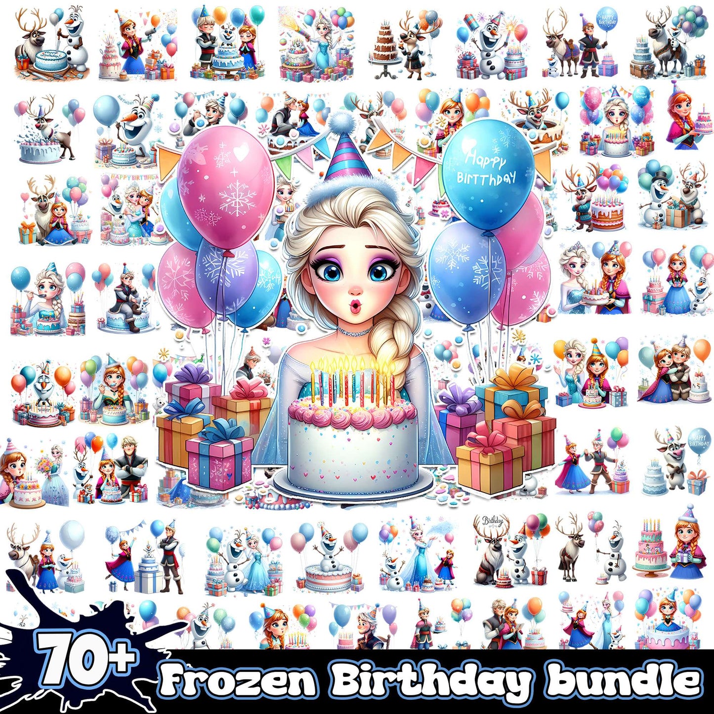 Elsa and anna brithday bundle png, frozen elsa birthday png