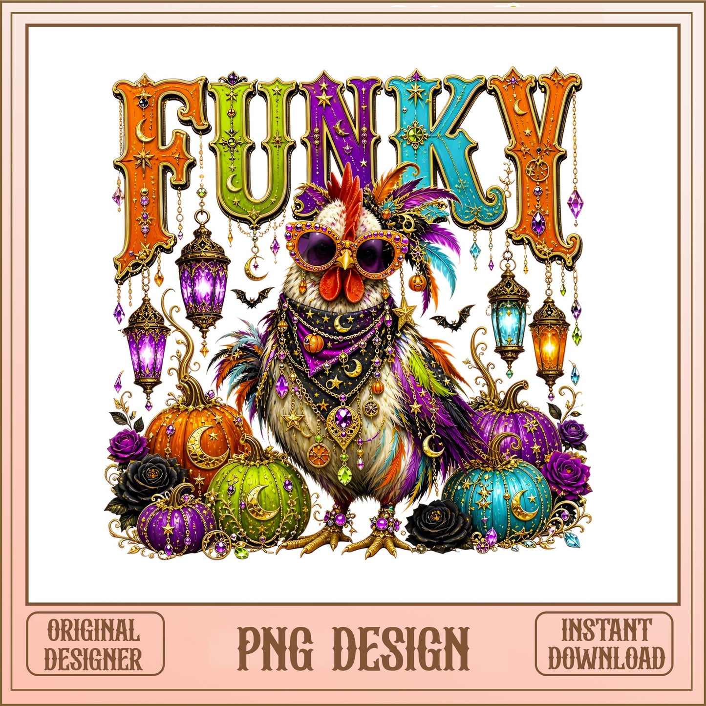 Funky Halloween Chicken PNG, Boho Rooster Pumpkin PNG, Spooky PNG
