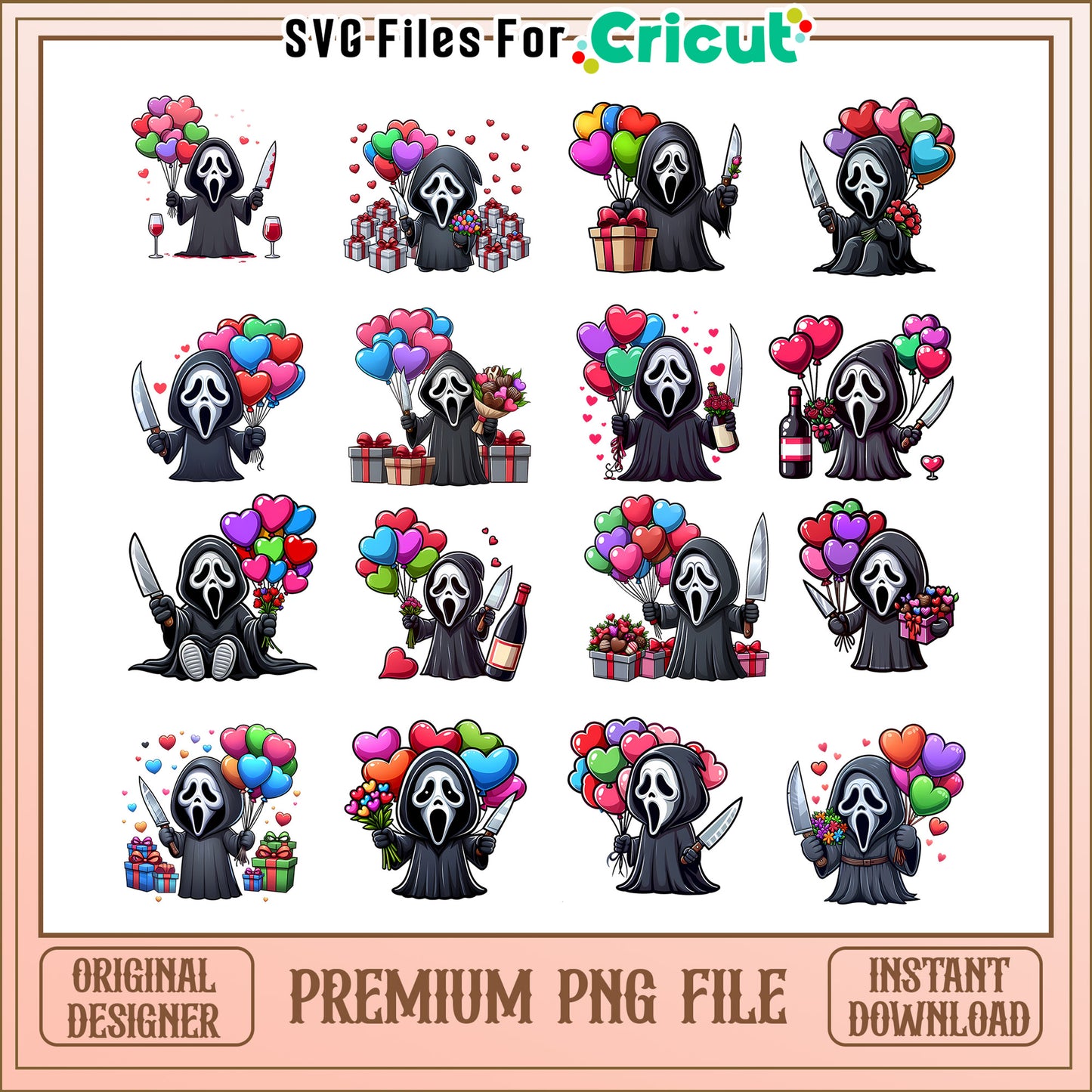 Ghostface horror heart balloon valentine bundle png, ghostface valentine's day png
