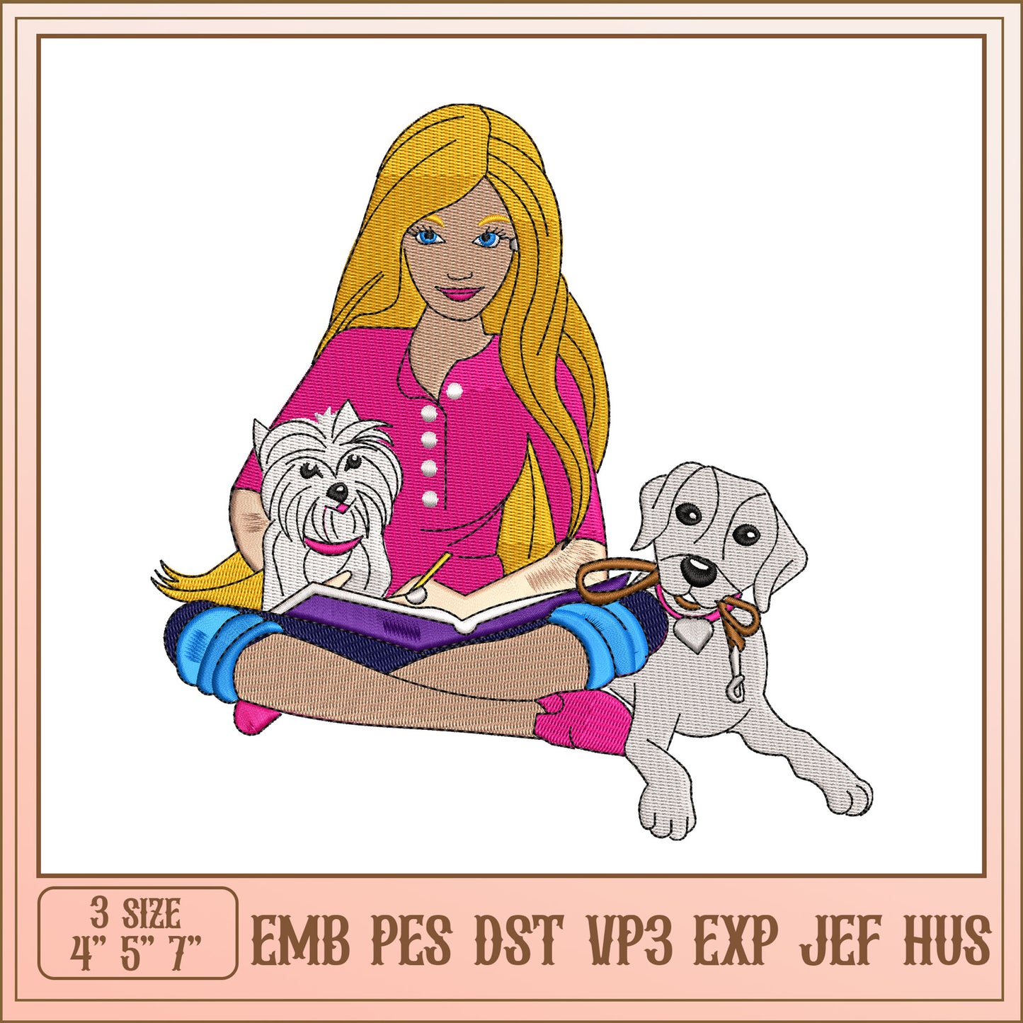 Girl with Dogs Embroidery Design