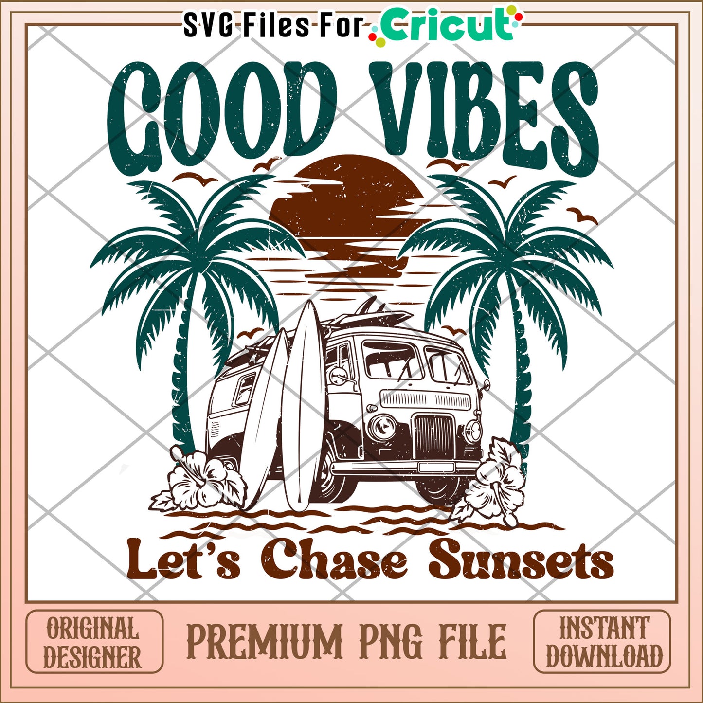 Good Vibes Sunset Beach Van PNG